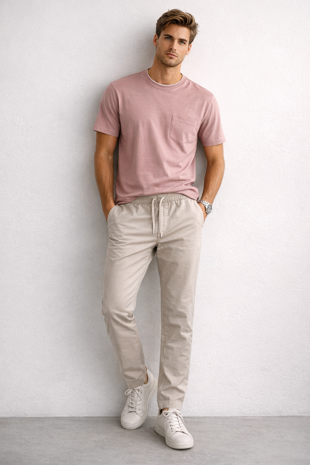 Joggers Para Hombre Pantalón Algodón Spandex Con Jareta GJOGGW Beige