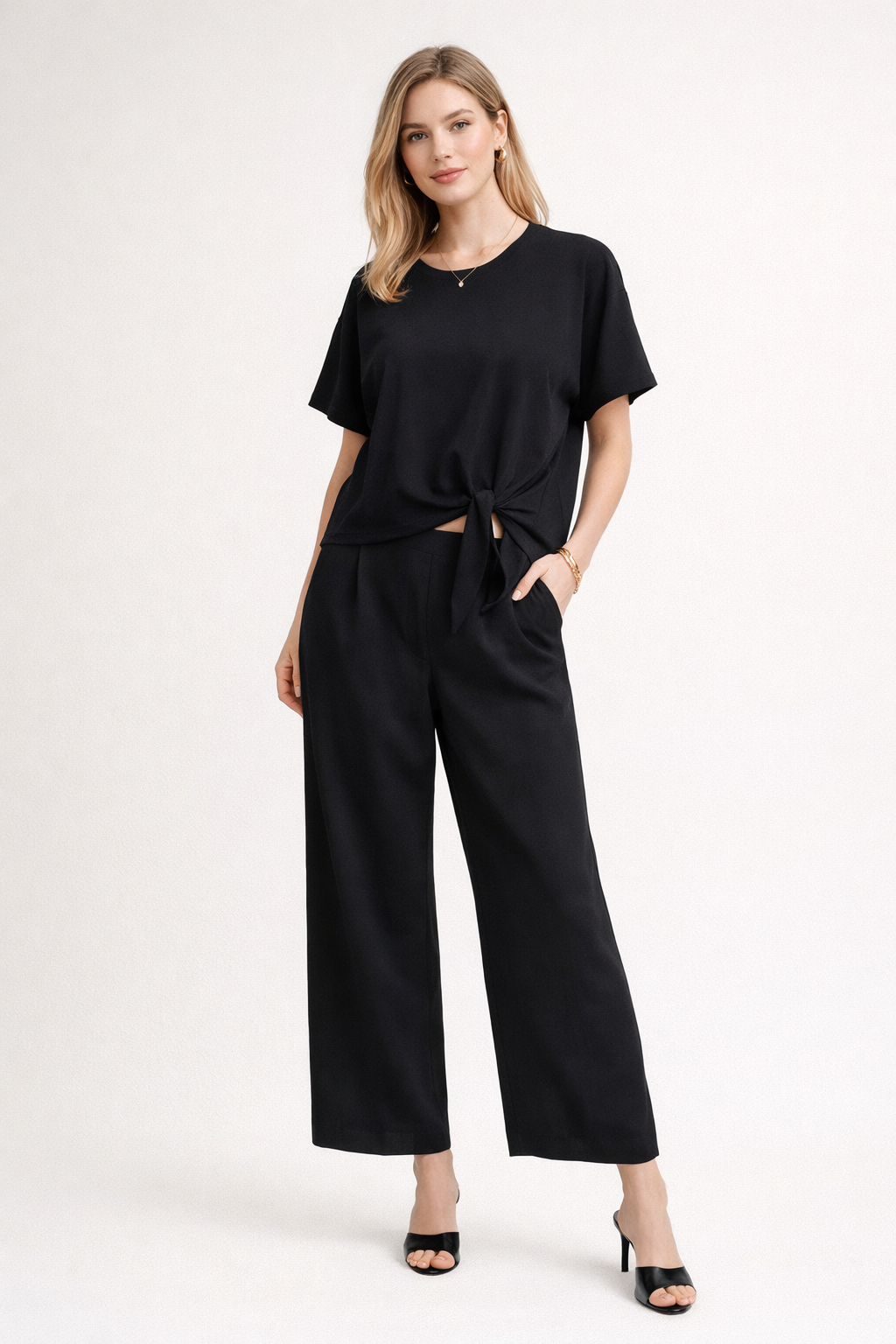 Blusas Para Mujer Lisa Básica Con Nudo N61145 Negro