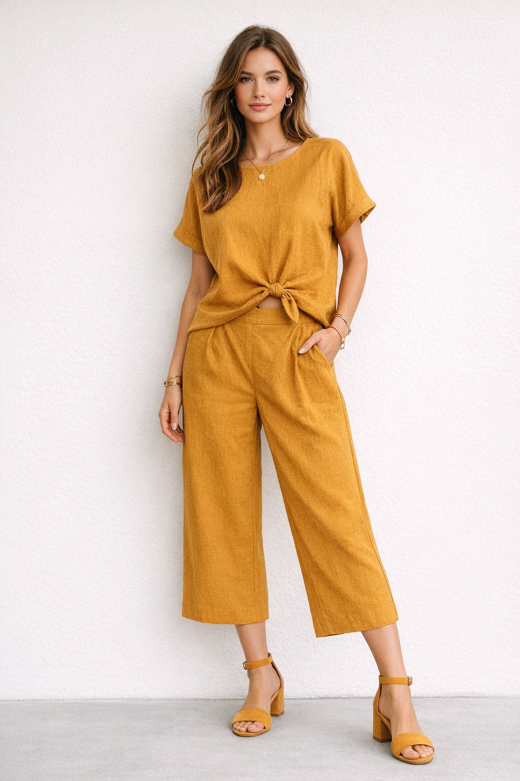 Blusas Para Mujer Lisa Básica Con Nudo N61145 Ocre