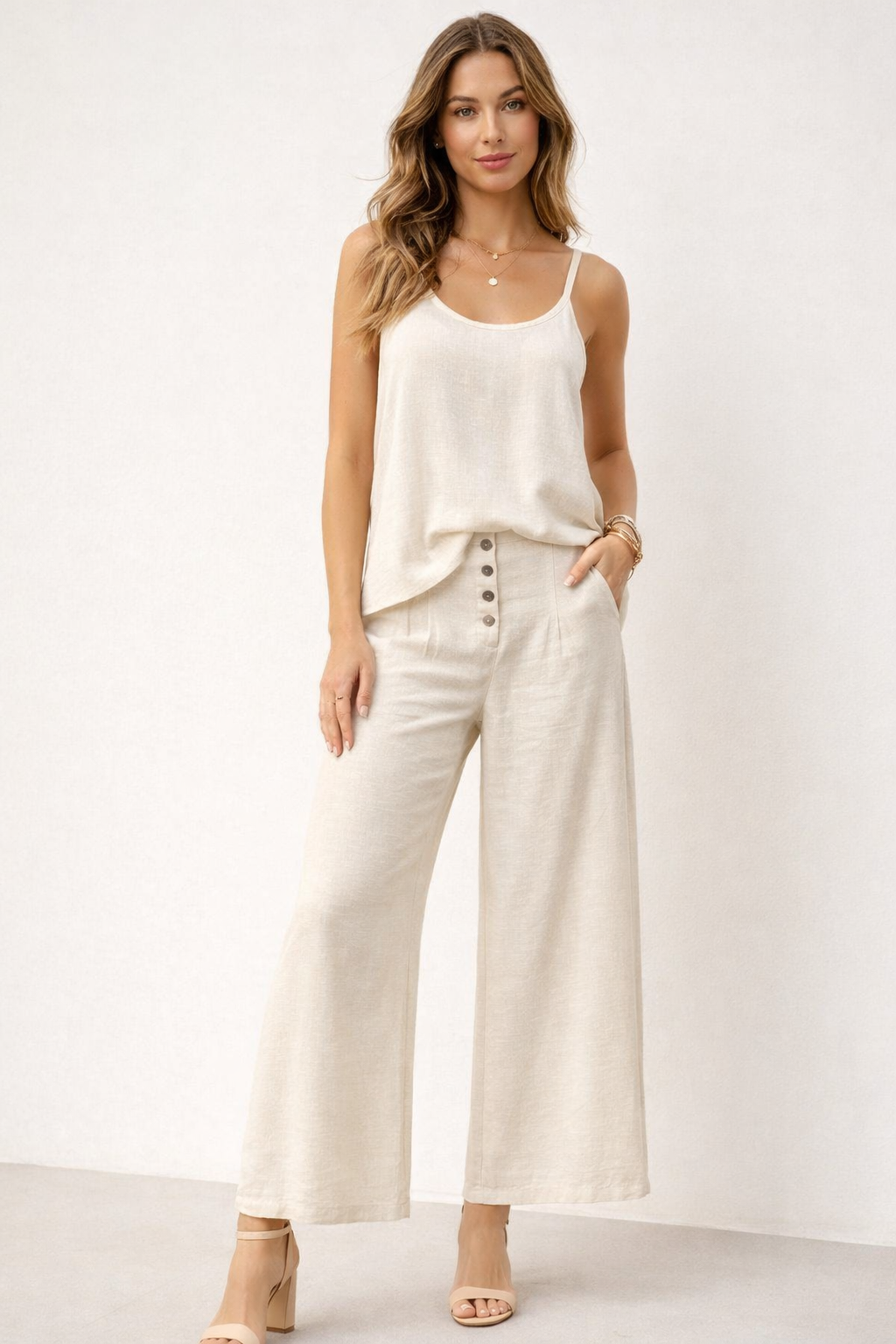 Pantalones Para Mujer Amplio Con Pespunte Con Botones Al Frente W61115 Arena