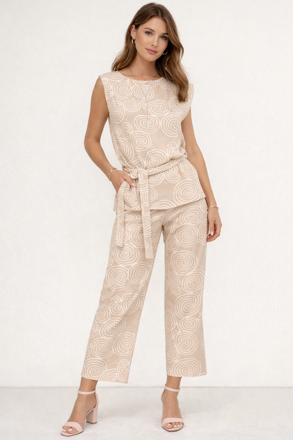 Pantalones Para Mujer Lino Estampado Espiral W61133 Arena