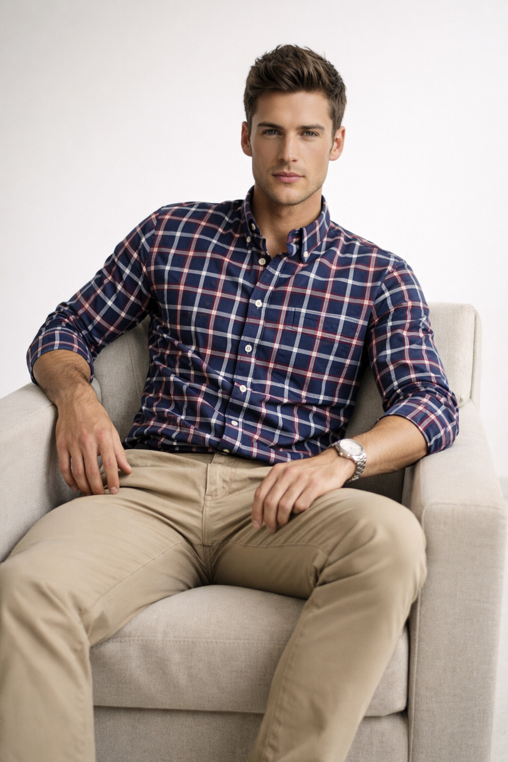 Camisas Para Hombre Manga Larga Cuadros B61103 Marino