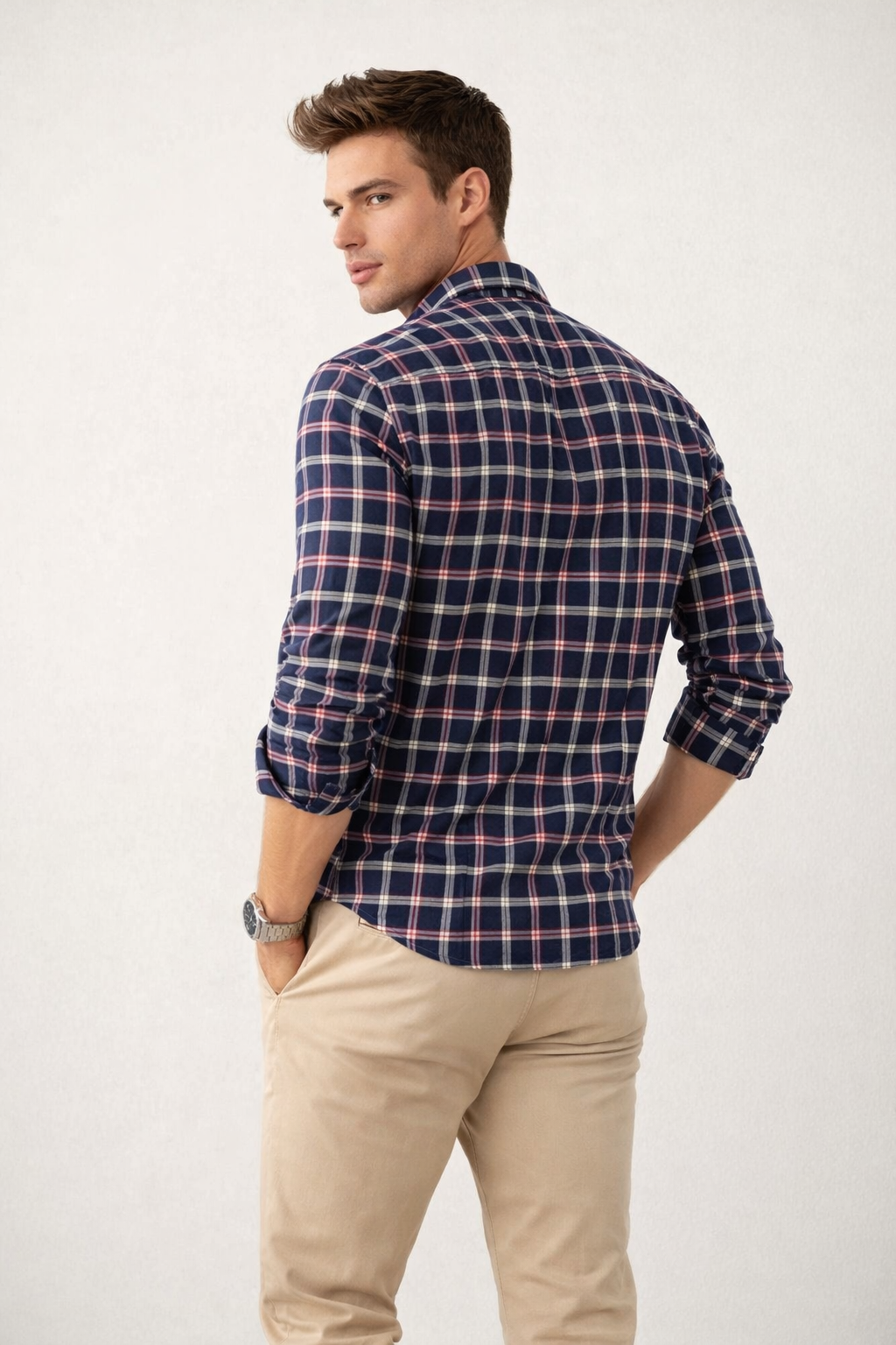 Camisas Para Hombre Manga Larga Cuadros B61103 Marino