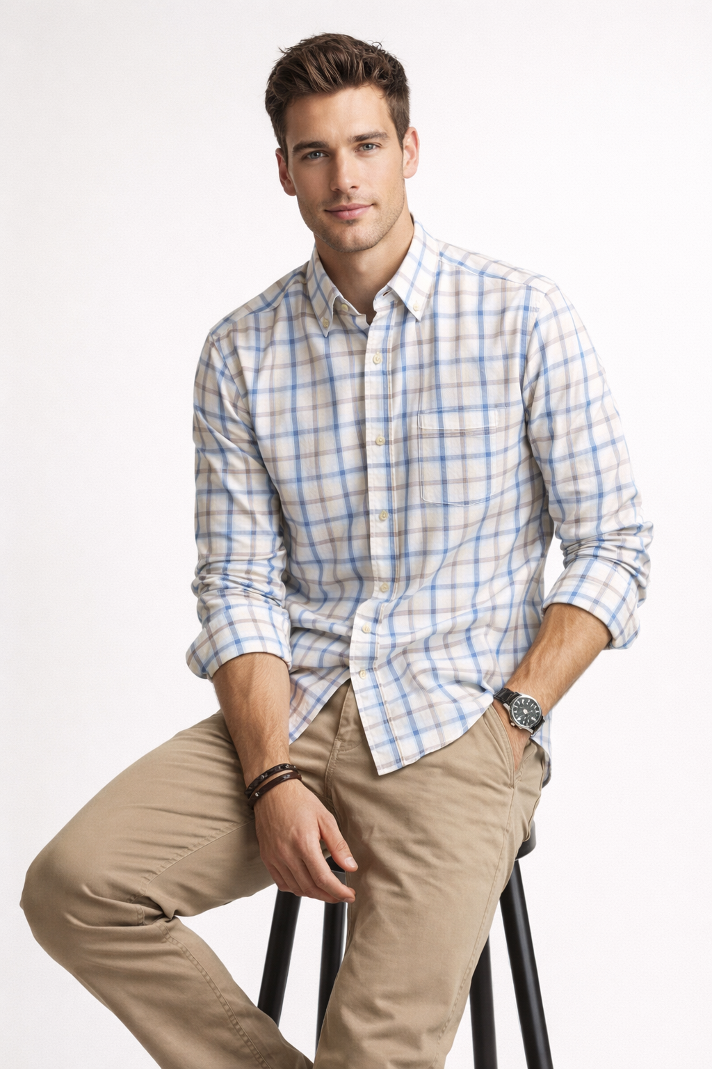 Camisas Para Hombre Manga Larga Cuadros B61103 Hueso