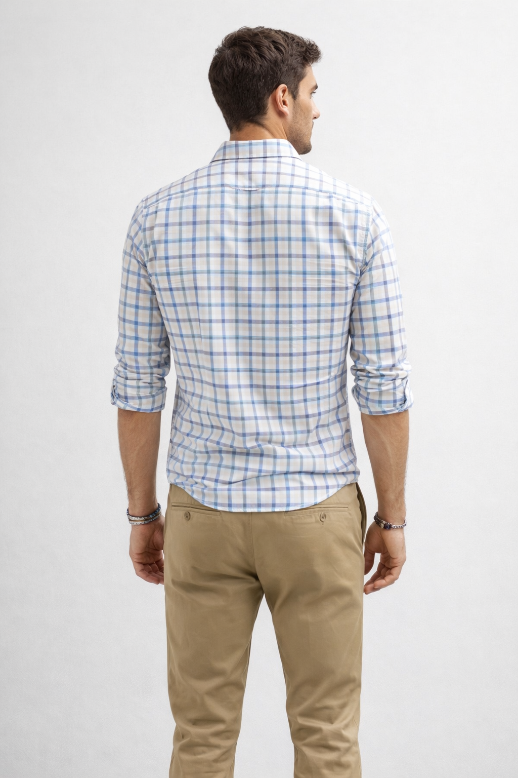 Camisas Para Hombre Manga Larga Cuadros B61103 Hueso