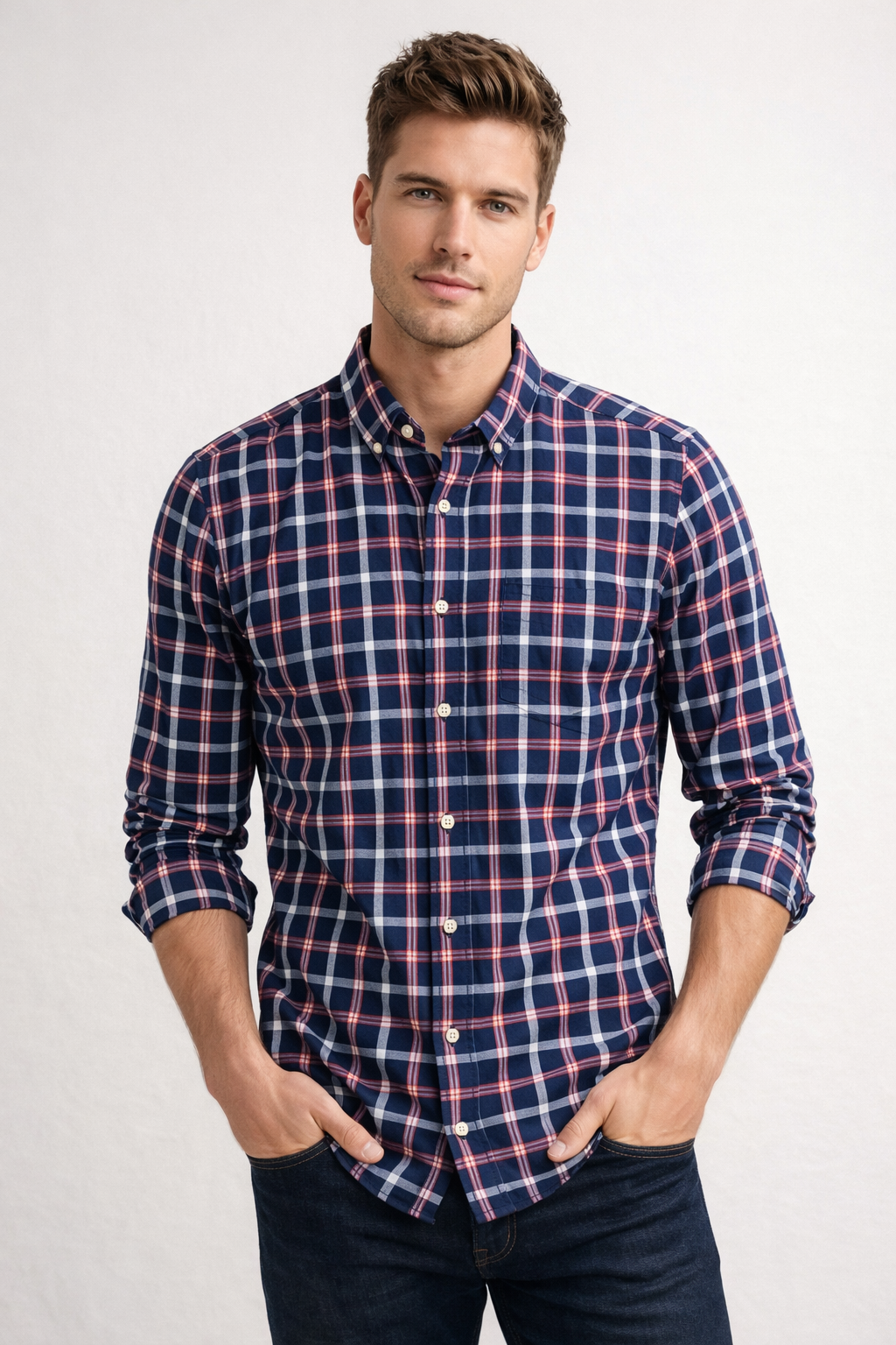 Camisas Para Hombre Manga Larga Cuadros B61103 Marino