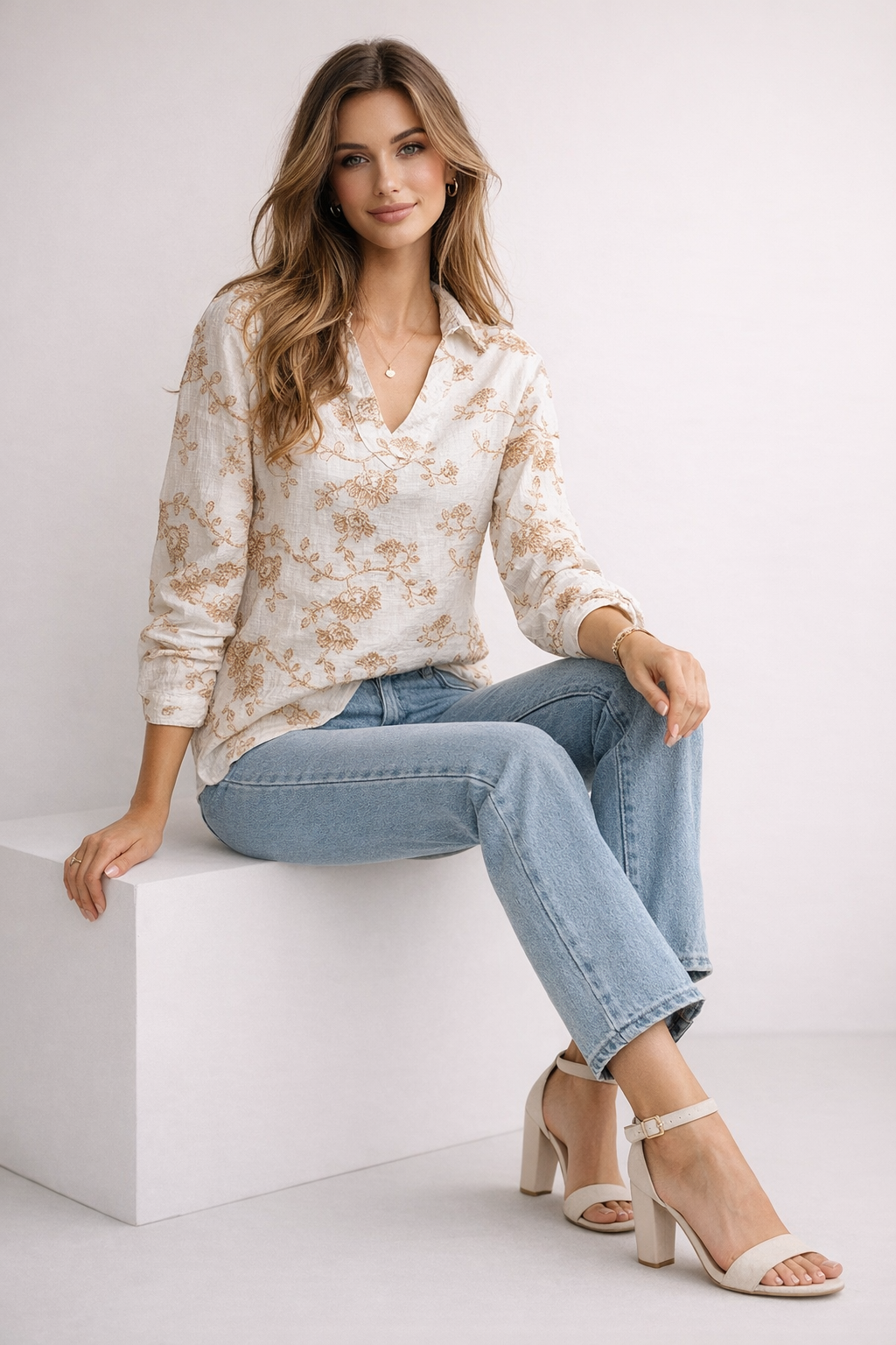 Blusas Para Mujer Bordada Media Aletilla N61136 Beige