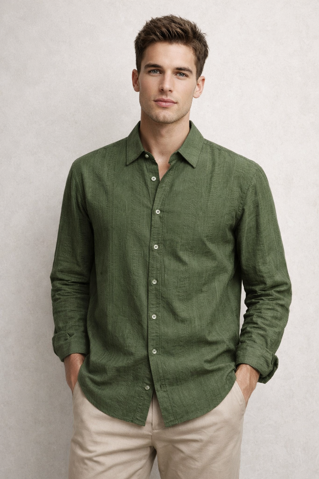 Camisa para Hombre Manga Larga Jacquard Antiarrugas B61406 Olivo