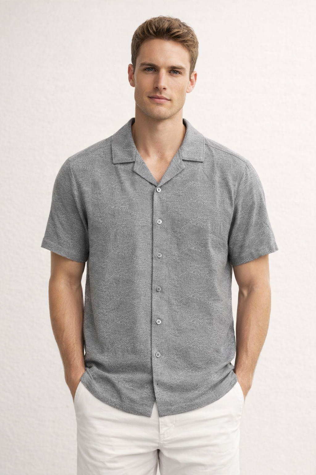 Camisa para Hombre Manga Corta Jacquard Super Stretch Antiarrugas B61453 Gris