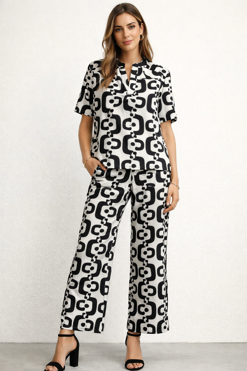 Pantalones Para Mujer Ligero Estampado Con Elastico W61126 Negro