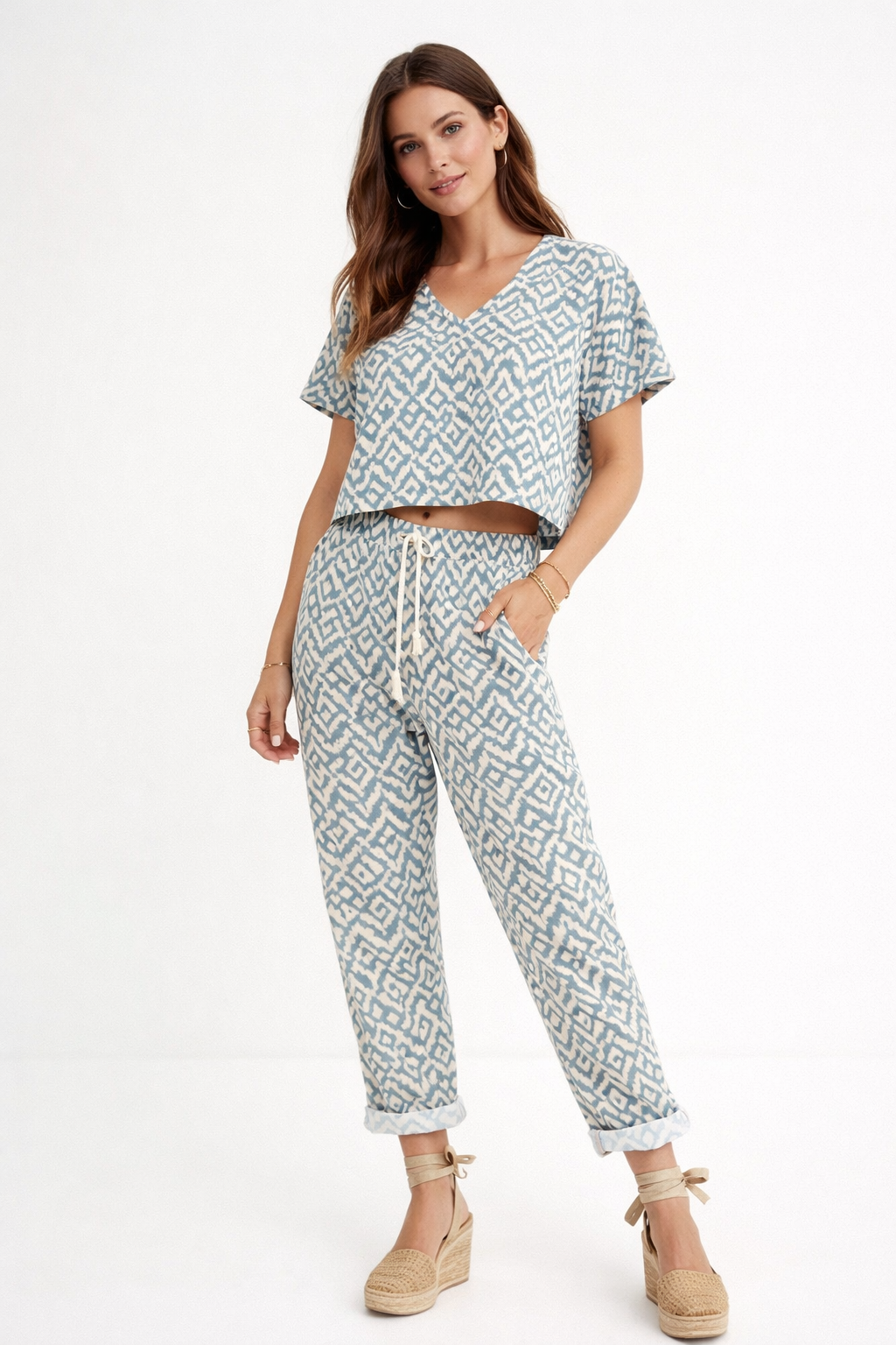 Pantalones Para Mujer Con Resorte y Jareta Étnico W61125 Azul