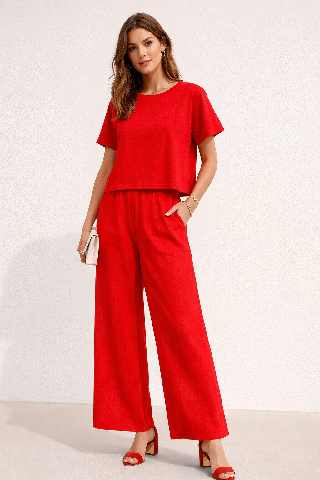 Pantalones Para Mujer Amplio Ligero Con Resorte W61114 Rojo