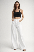 Jeans Para Mujer Wide Leg Amplio Con Pespunte V61103 Blanco
