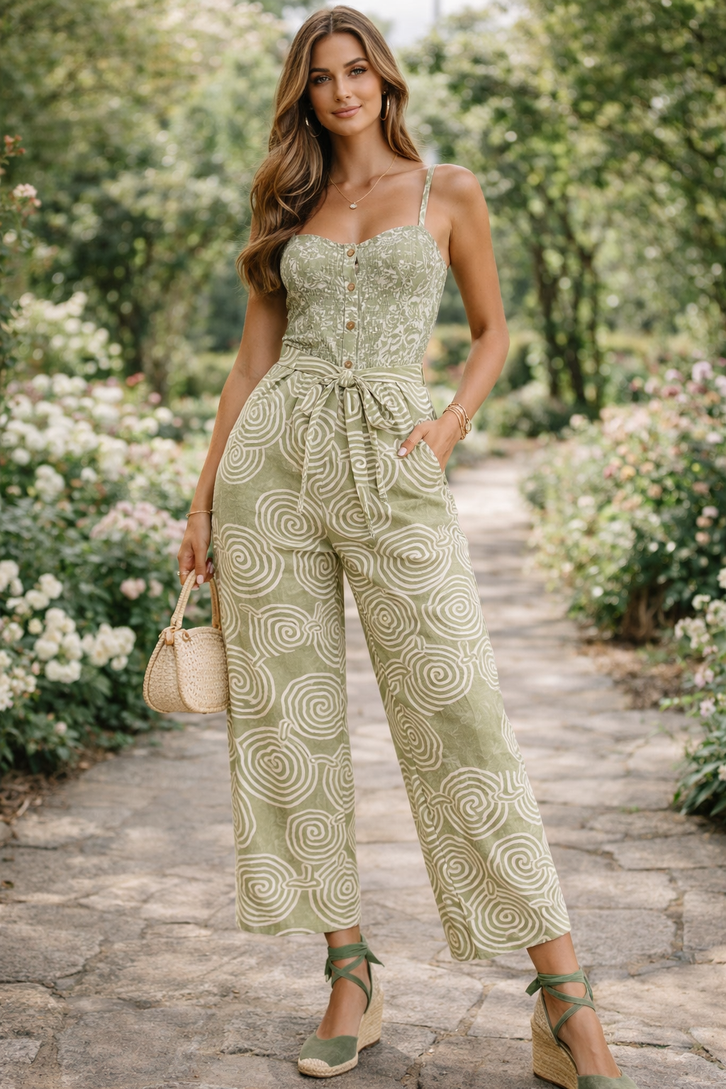 Jumpsuits Para Mujer Tipo Lino Smok Con Cinto Estampado W61134 Verde
