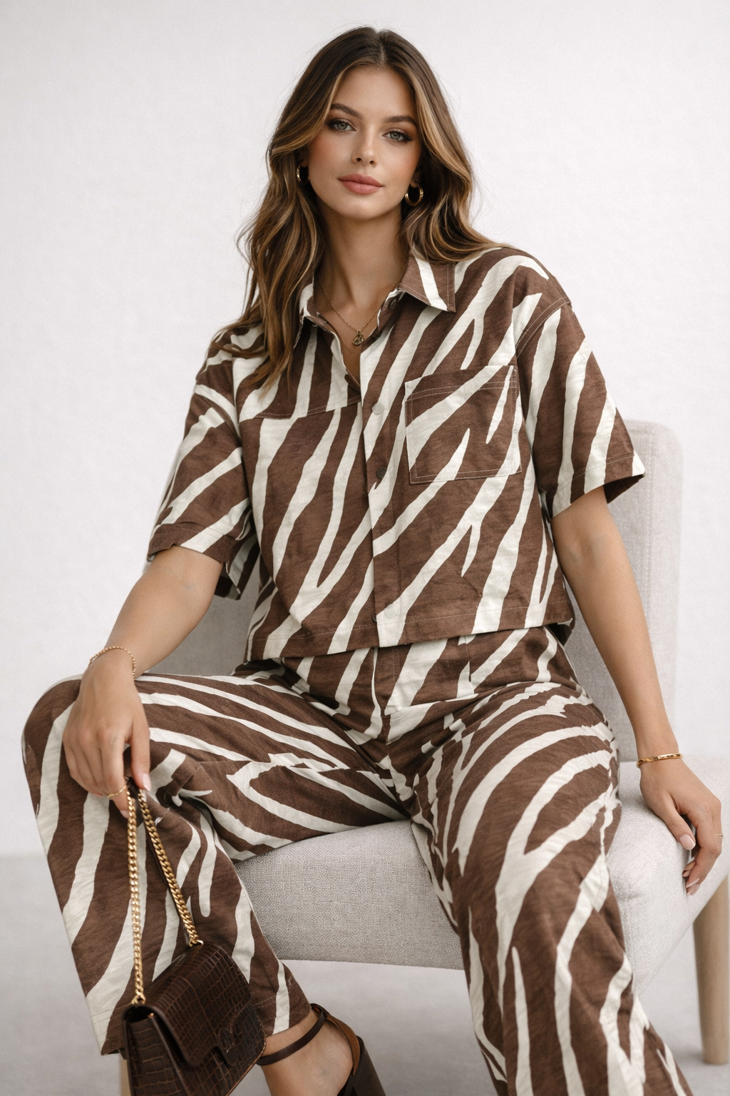 Pantalones Para Mujer Ligero Estampado Cebra W61130 Hueso/Cafe