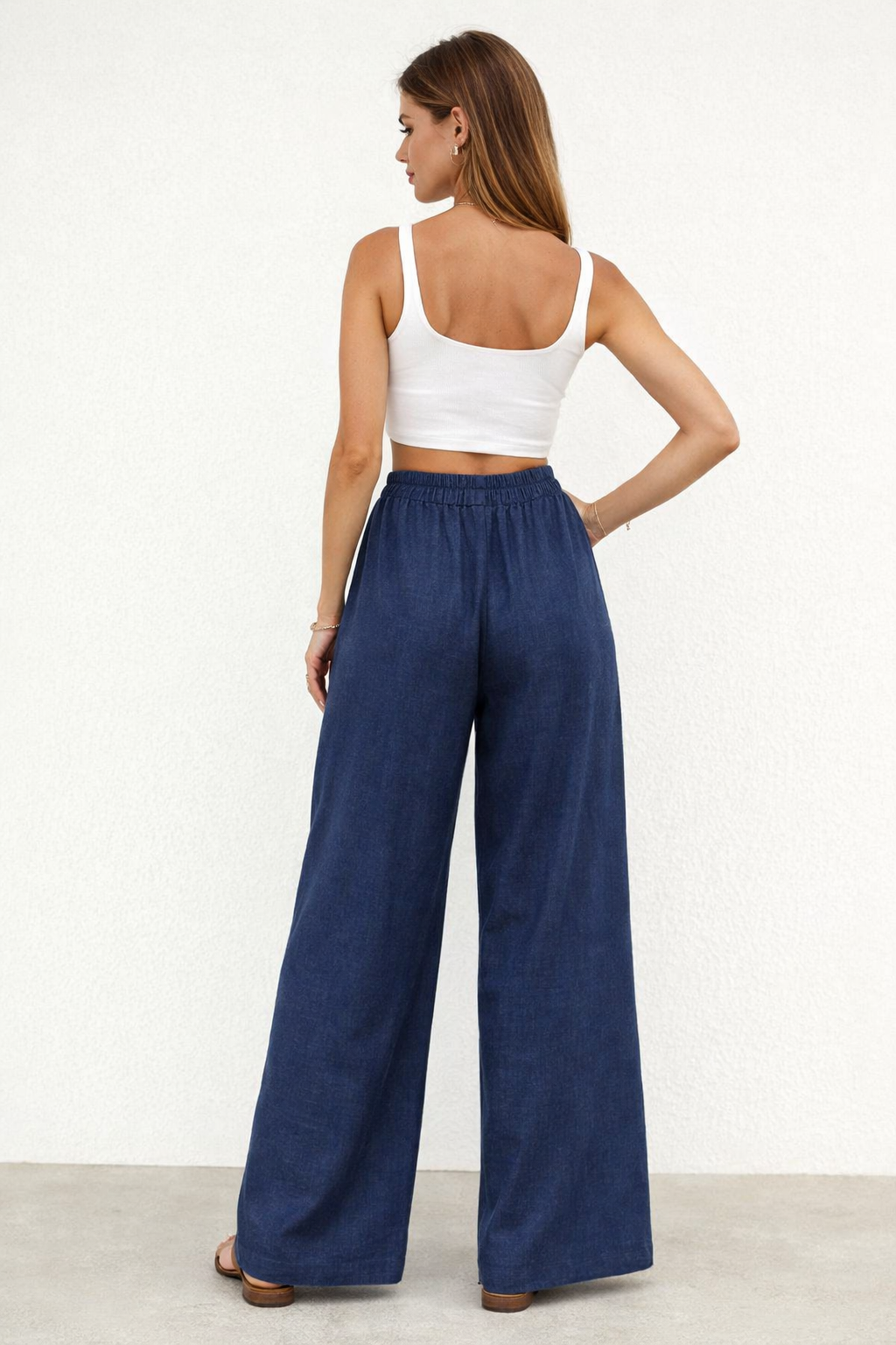 Pantalones Para Mujer Liso Ancho Con Pespunte y Pinzas W61120 Indigo