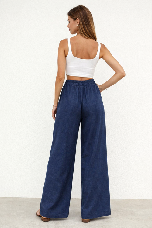 Pantalones Para Mujer Liso Ancho Con Pespunte y Pinzas W61120 Indigo