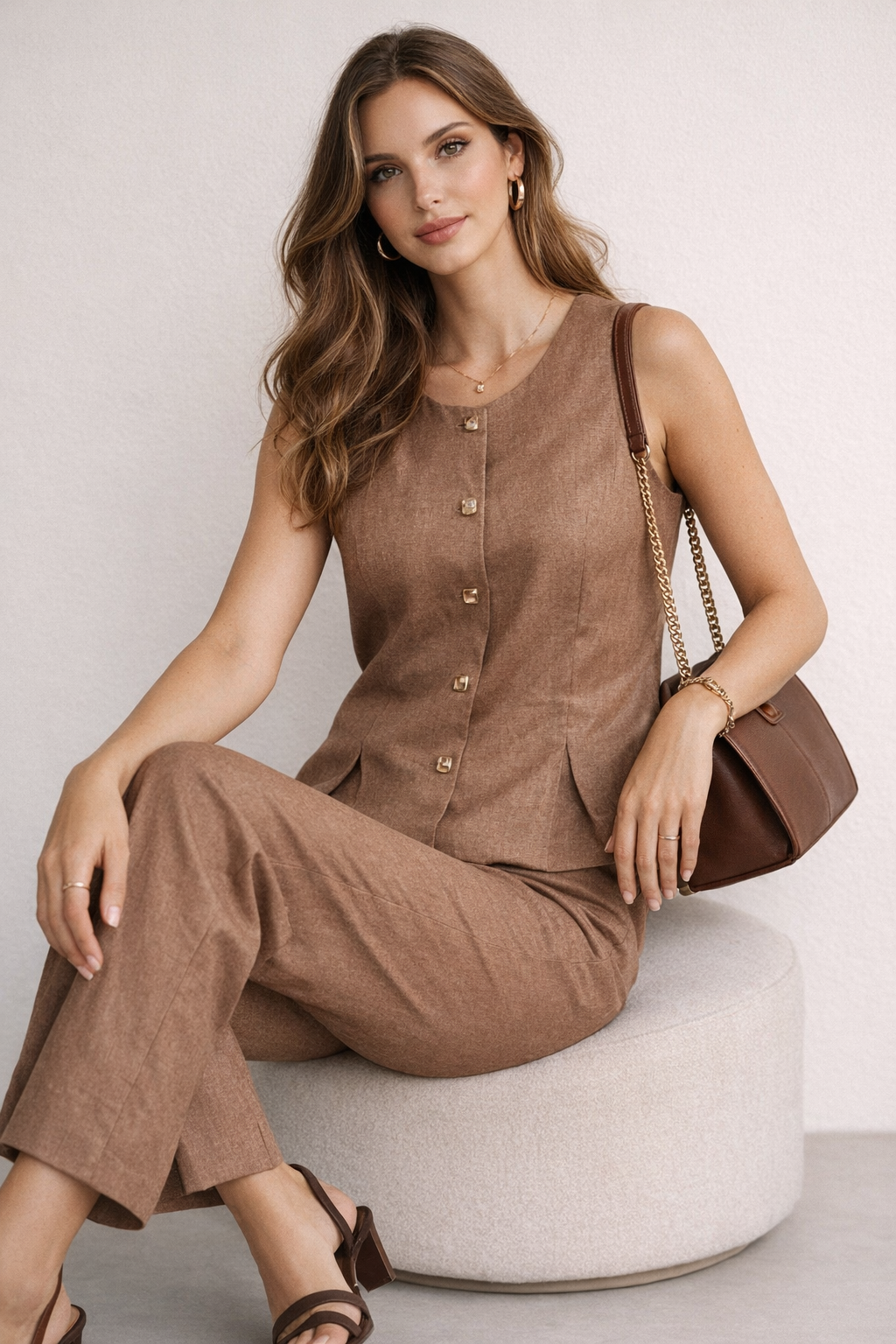 Pantalones Para Mujer Tipo Lino Corte Recto W61118 Cafe