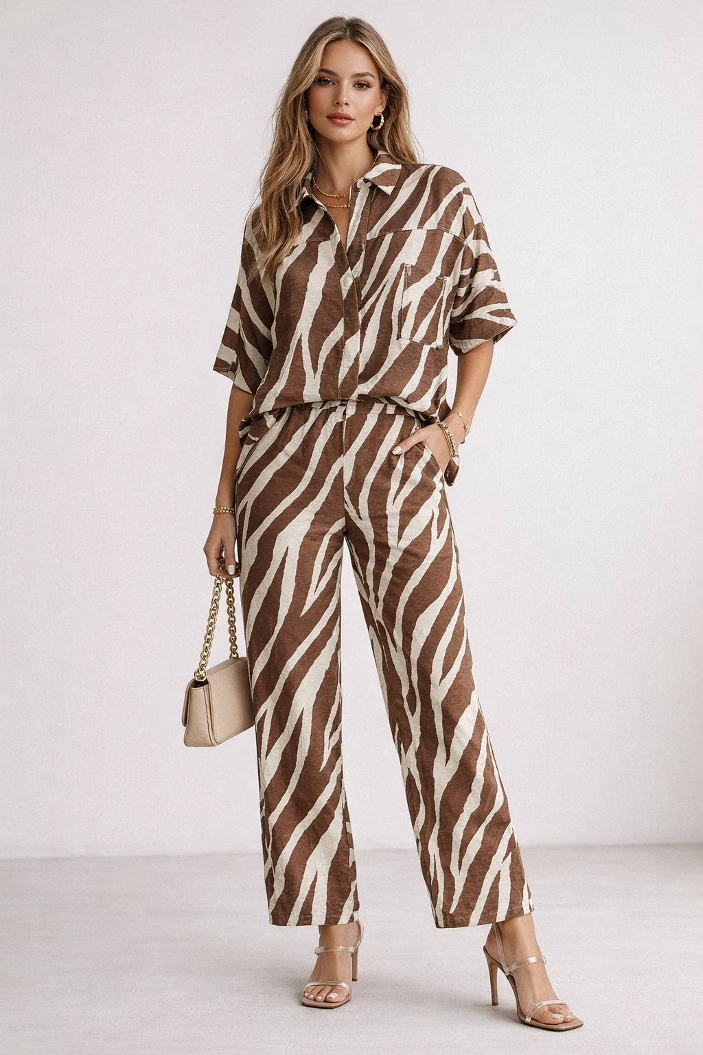 Pantalones Para Mujer Ligero Estampado Cebra W61130 Hueso/Cafe