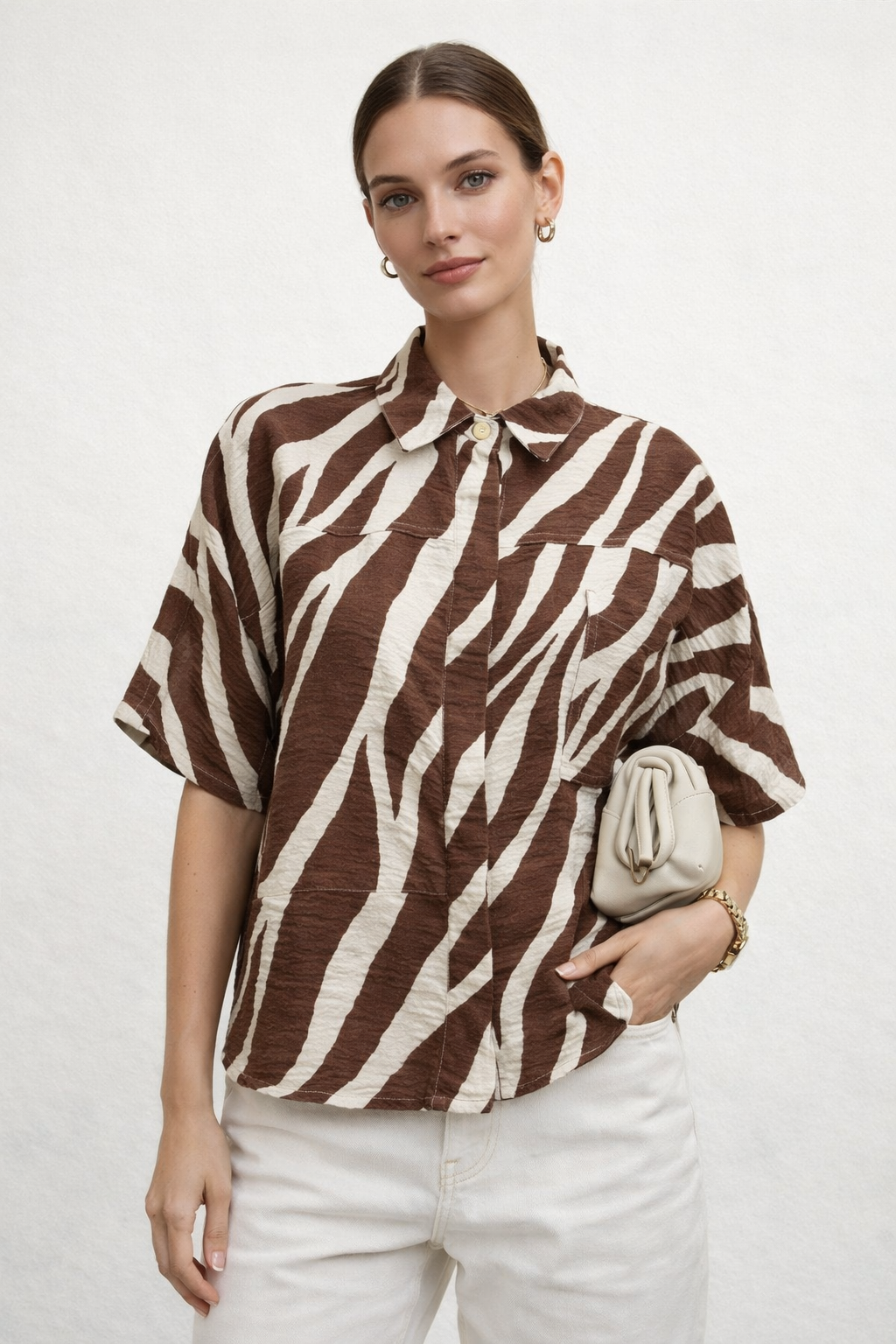 Blusas Para Mujer Estructurada Estampado Cebra N61131 Hueso/Cafe
