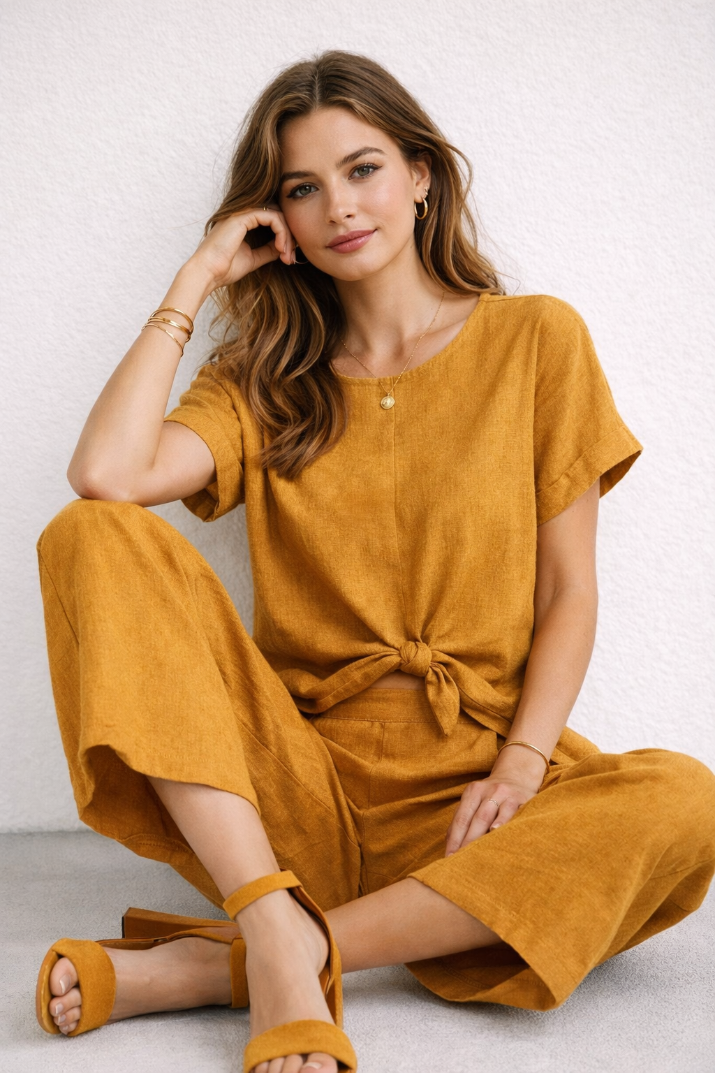 Blusas Para Mujer Lisa Básica Con Nudo N61145 Ocre