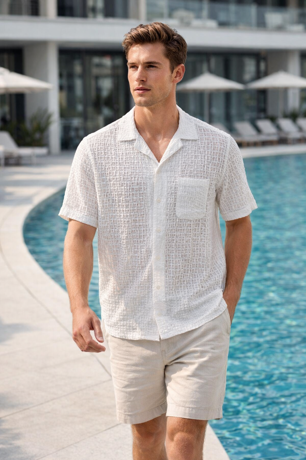 Camisa para Hombre Manga Corta Jacquard Tejida Super Stretch Antiarrugas B61459 Hueso