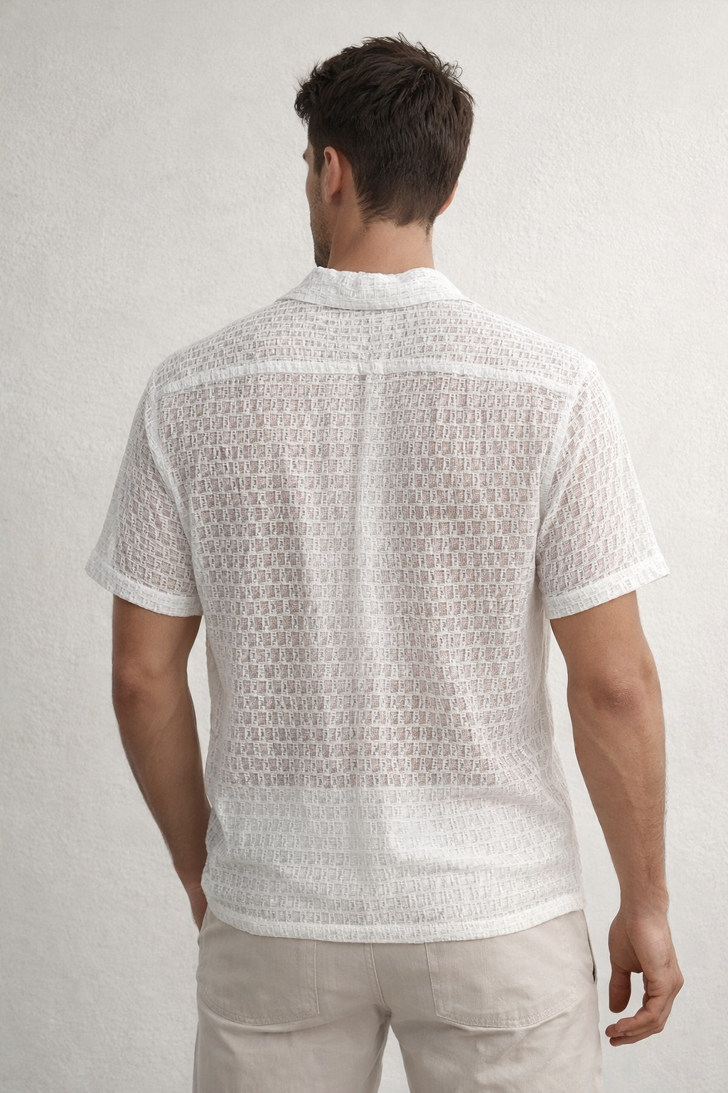 Camisa para Hombre Manga Corta Jacquard Tejida Super Stretch Antiarrugas B61459 Hueso