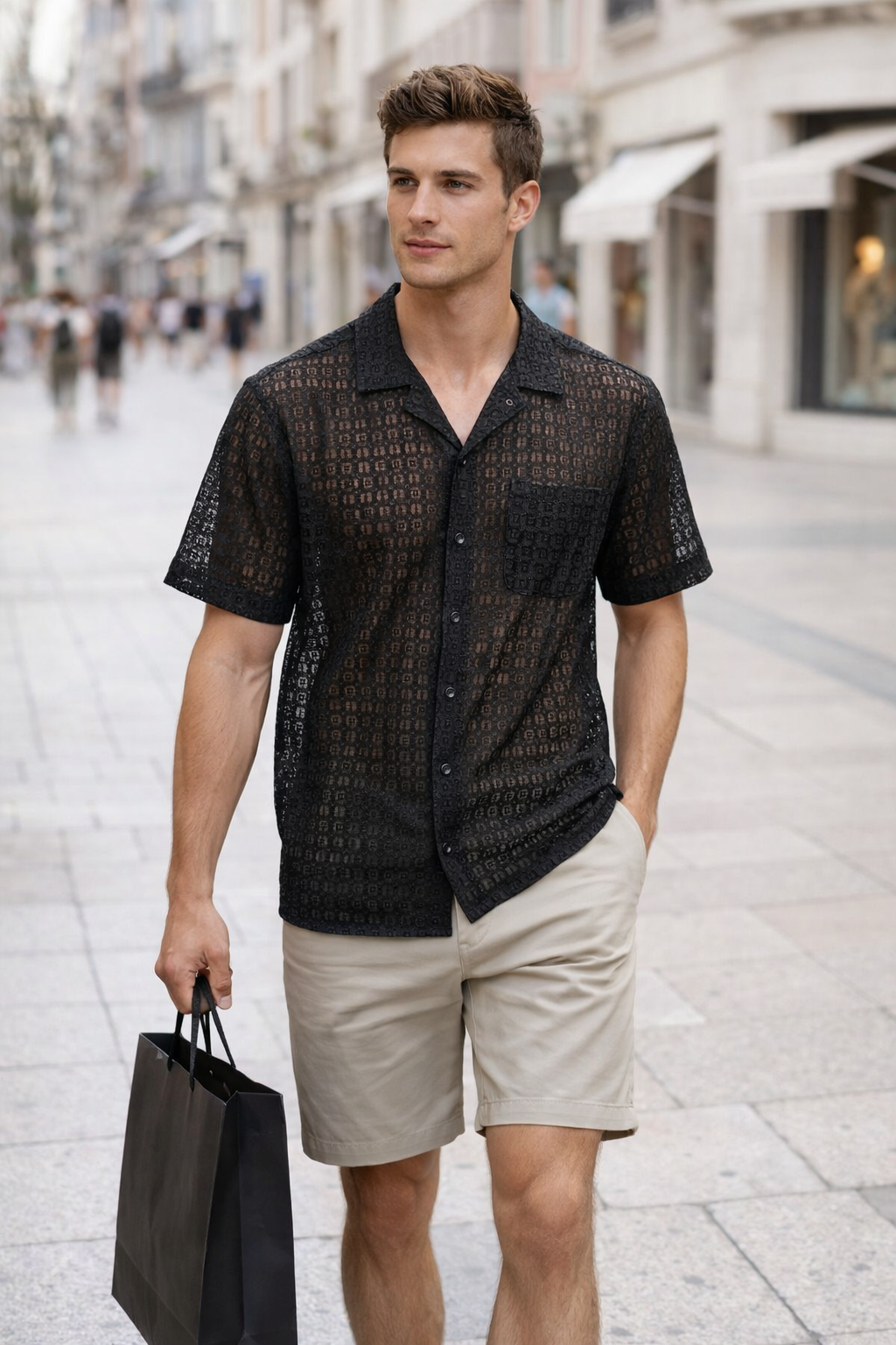 Camisa para Hombre Manga Corta Jacquard Tejida Super Stretch Antiarrugas B61459 Negro