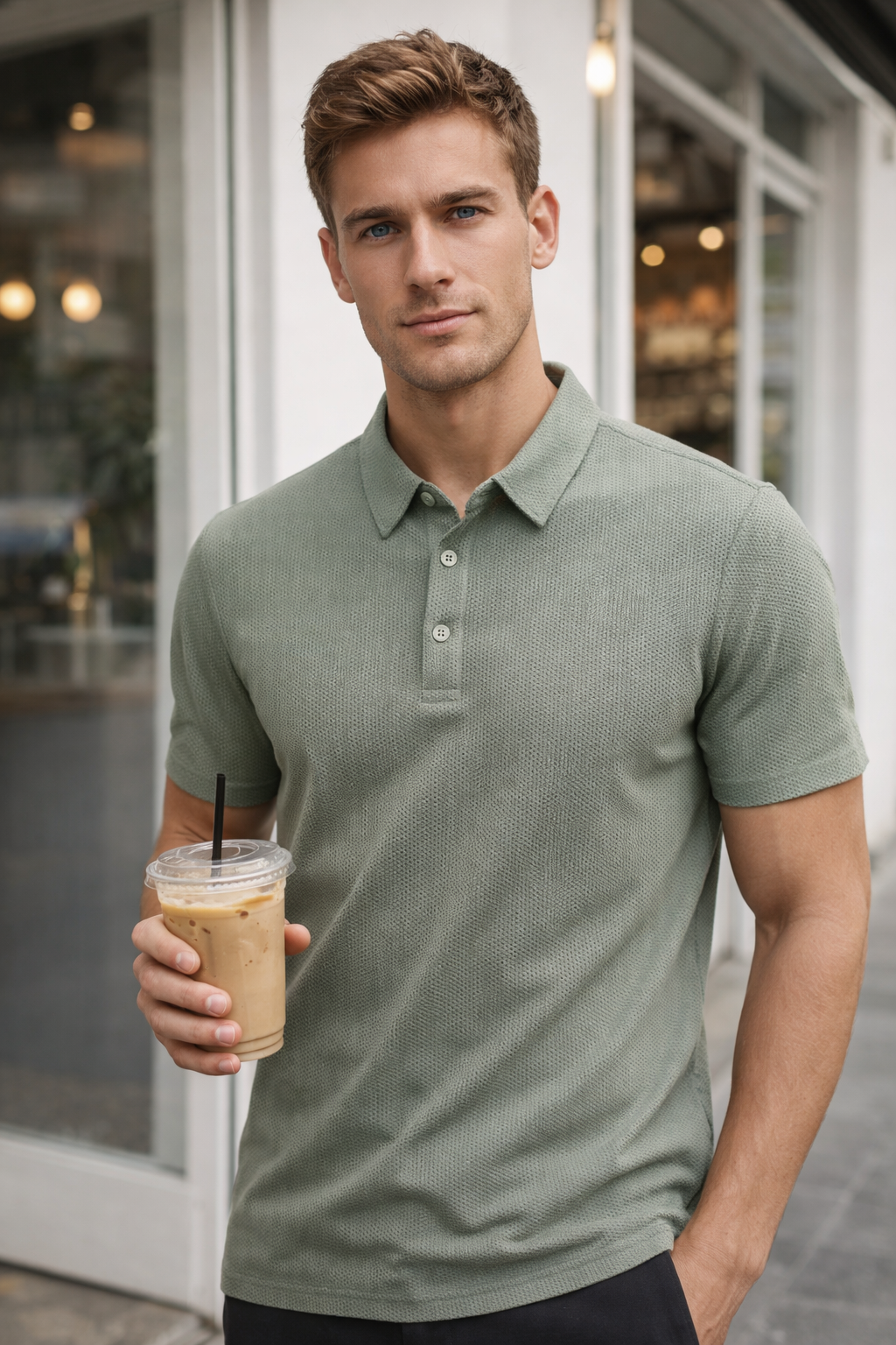 Playera Polo para Hombre Casual Jacquard Super Stretch Antiarrugas A61418 Verde