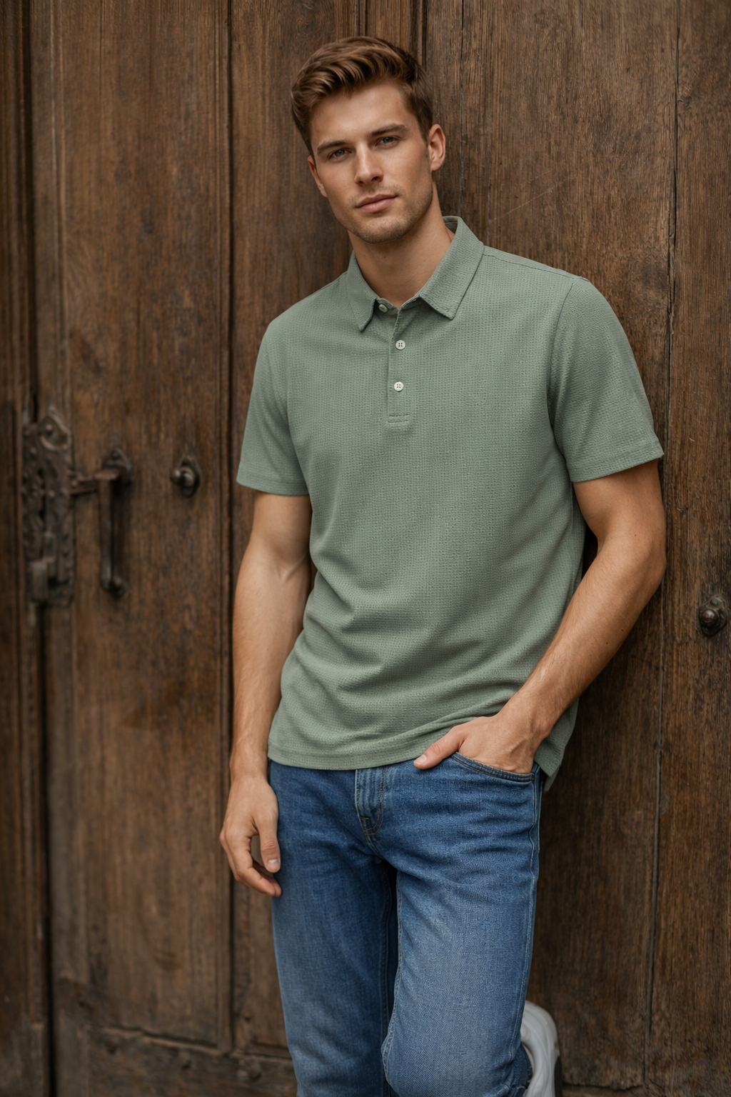 Playera Polo para Hombre Casual Jacquard Super Stretch Antiarrugas A61418 Verde