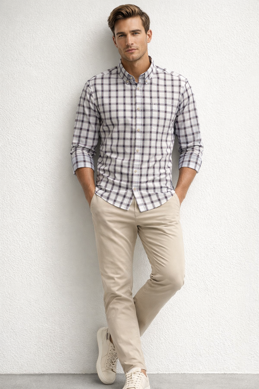 Camisas Para Hombre De Algodón Estampado Cuadros B61104 Beige