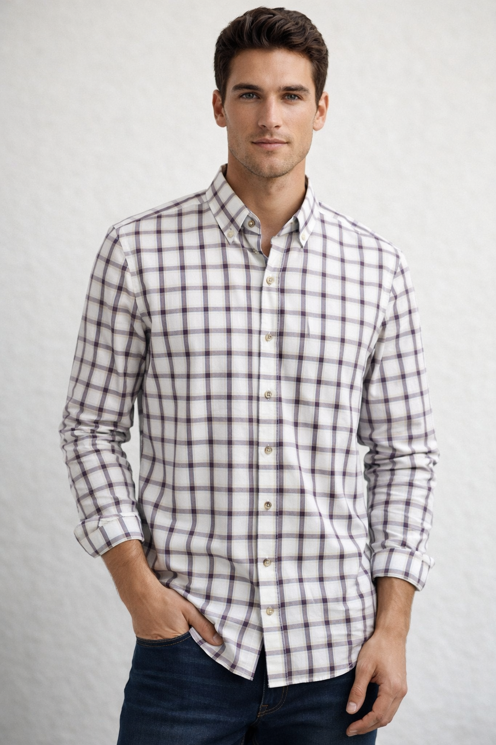 Camisas Para Hombre De Algodón Estampado Cuadros B61104 Beige