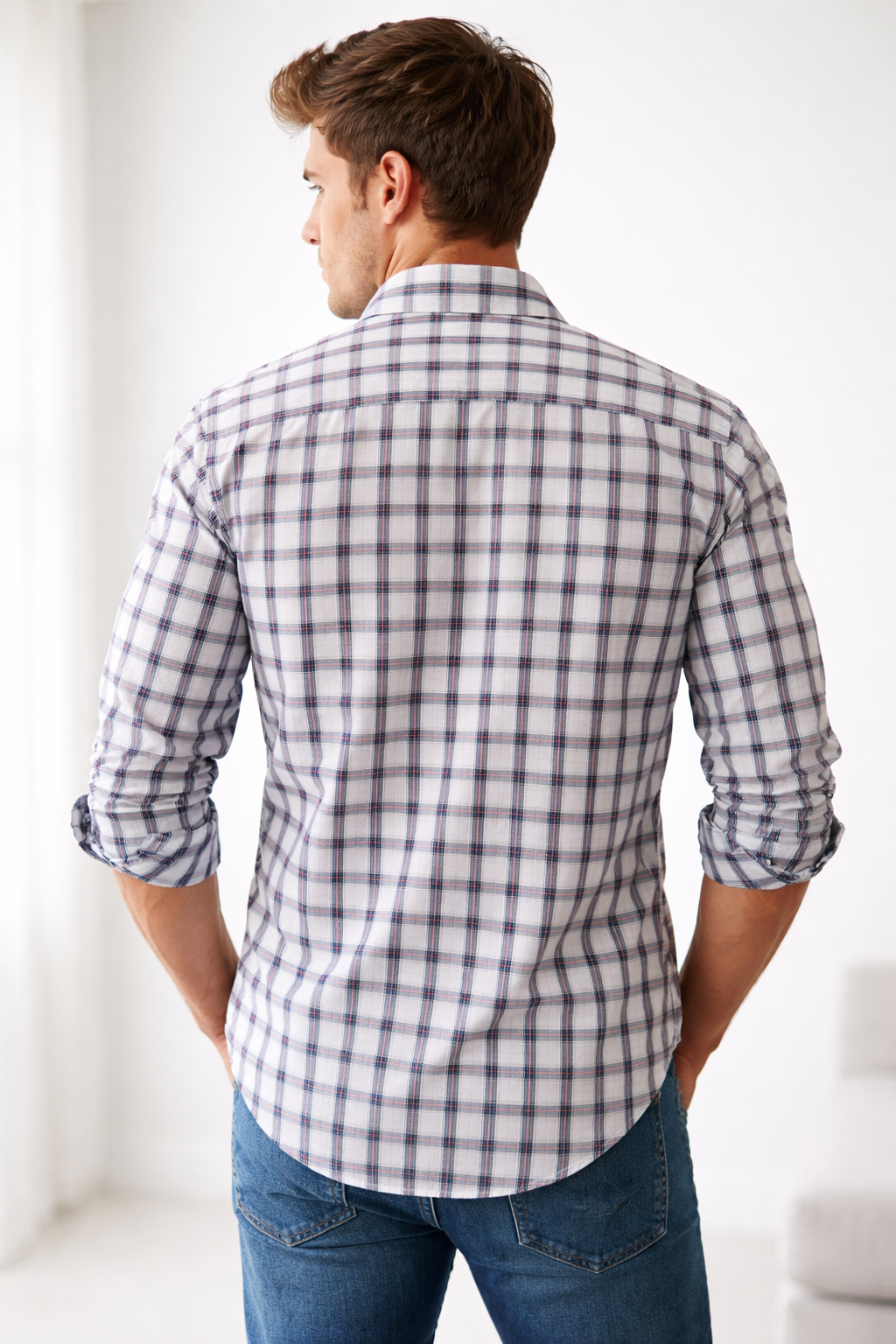 Camisas Para Hombre De Algodón Estampado Cuadros B61104 Beige