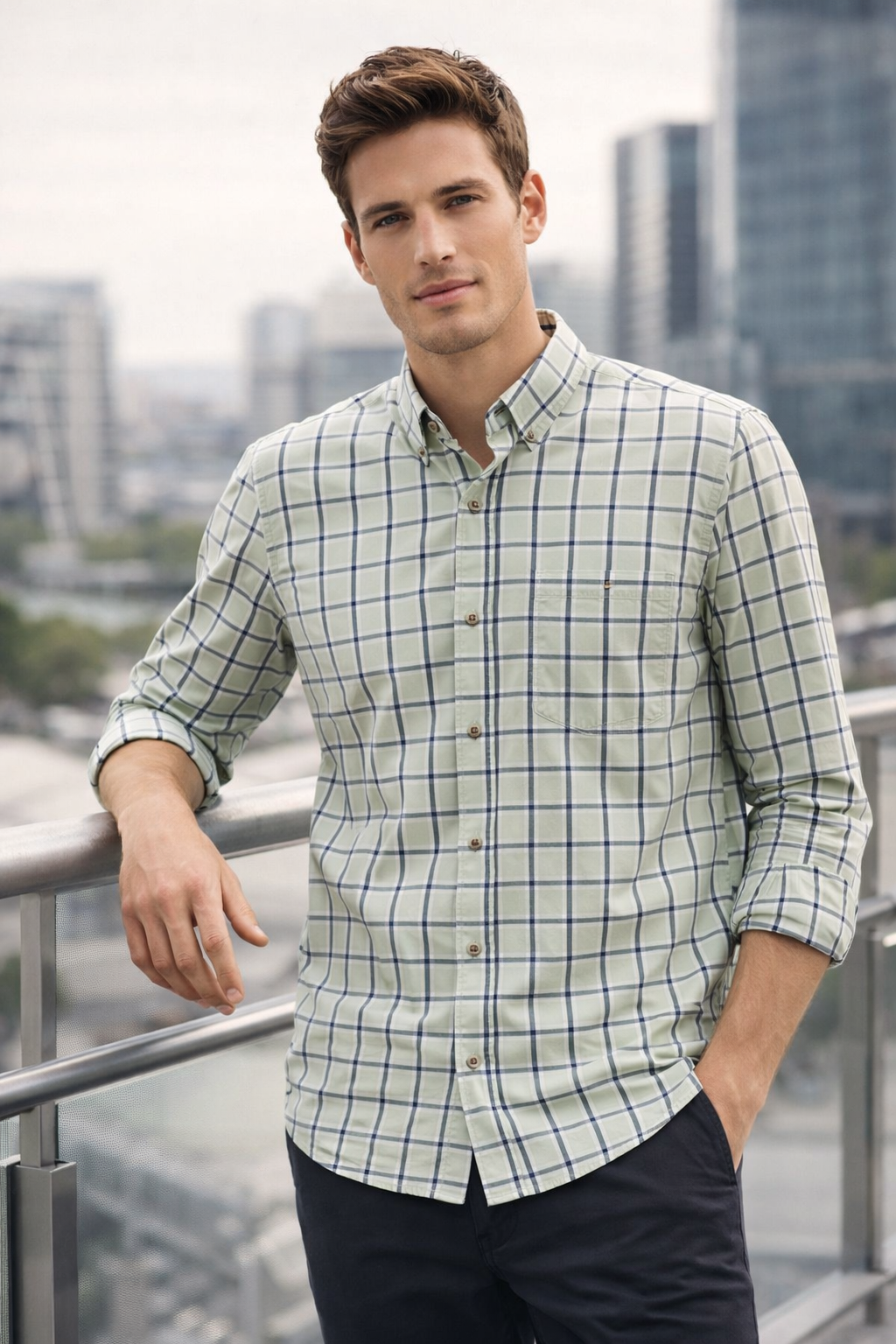 Camisas Para Hombre De Algodón Estampado Cuadros B61104 Verde