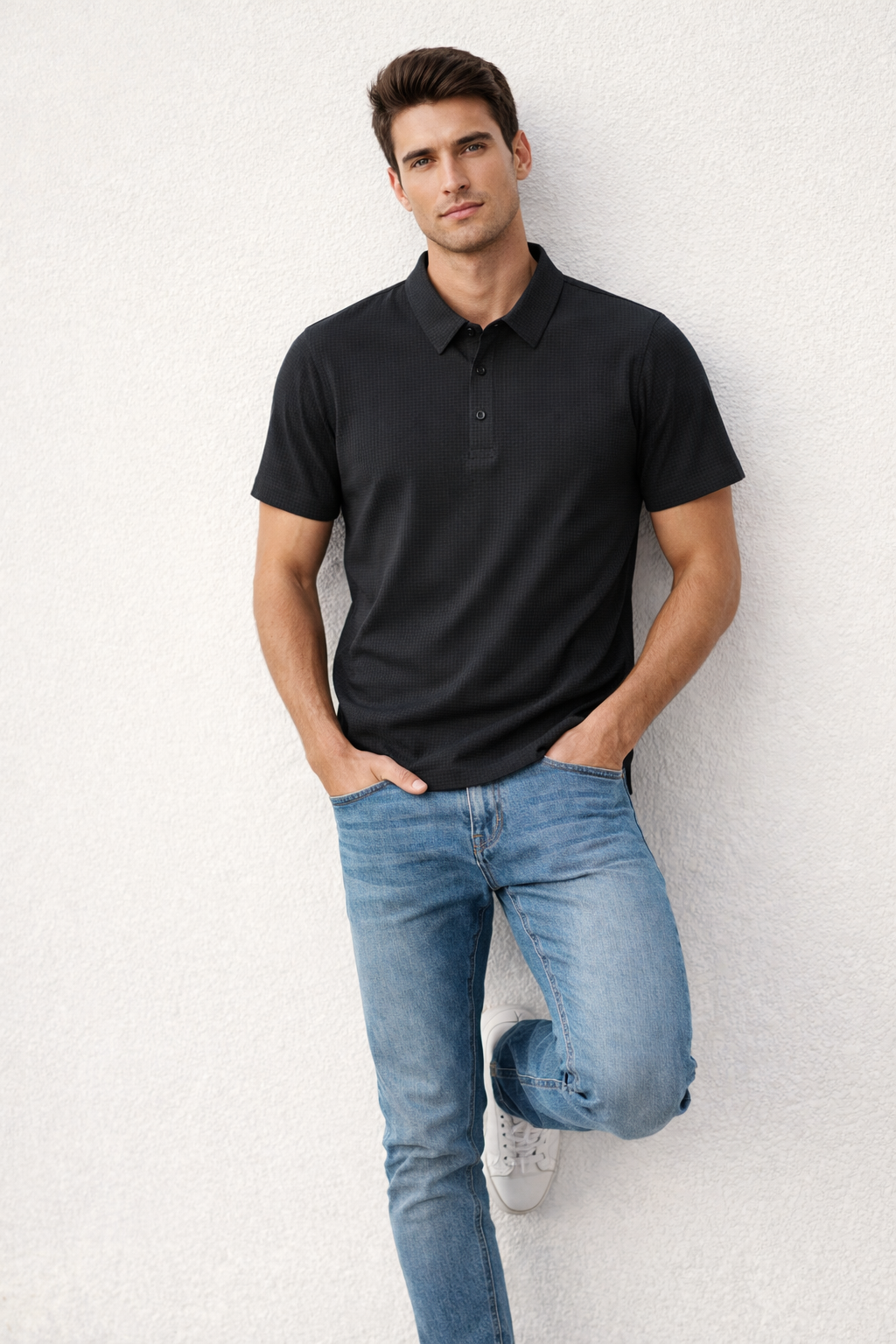 Playera Polo para Hombre Casual Jacquard Super Stretch Antiarrugas A61418 Negro