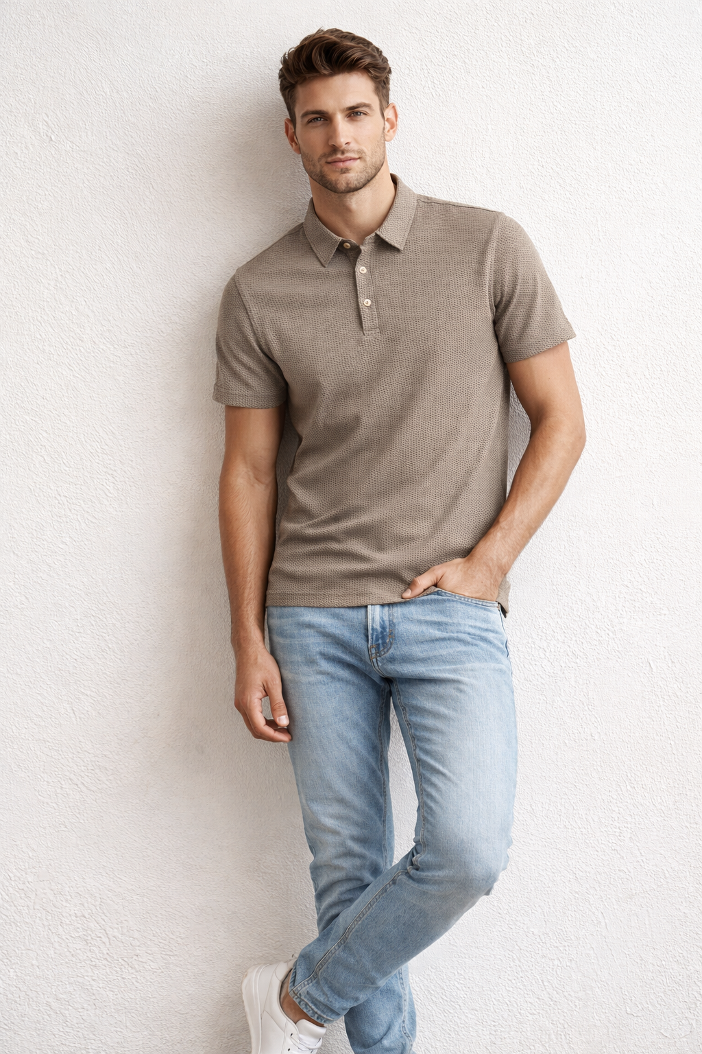 Playera Polo para Hombre Casual Jacquard Super Stretch Antiarrugas A61418 Beige