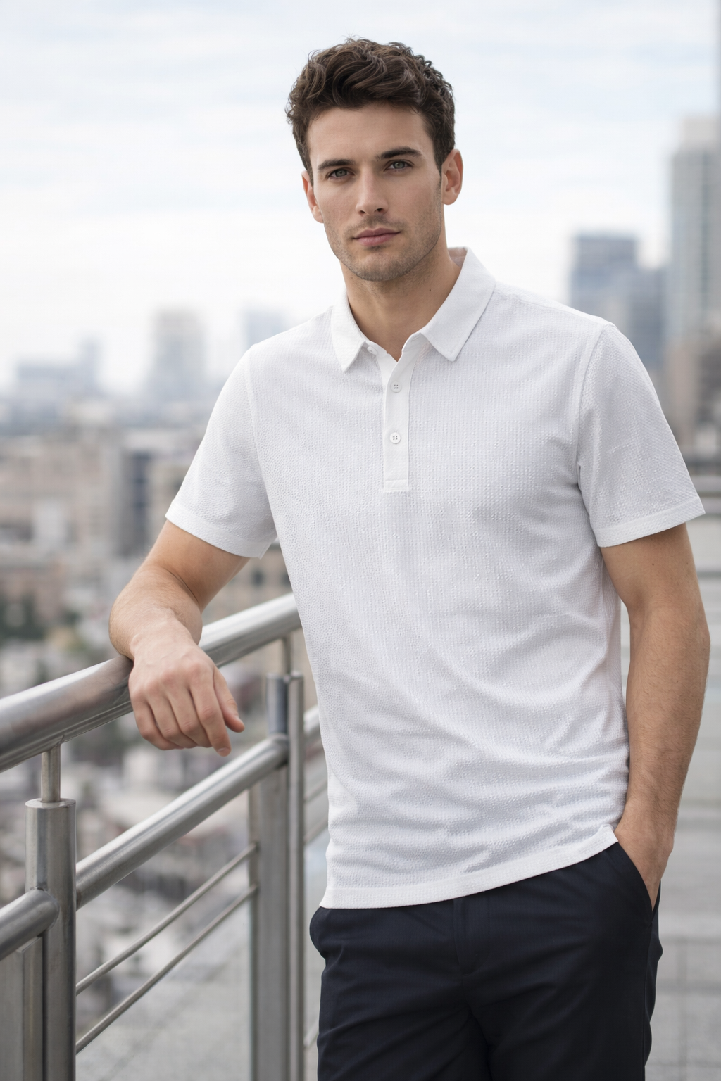 Playera Polo para Hombre Casual Jacquard Super Stretch Antiarrugas A61418 Hueso
