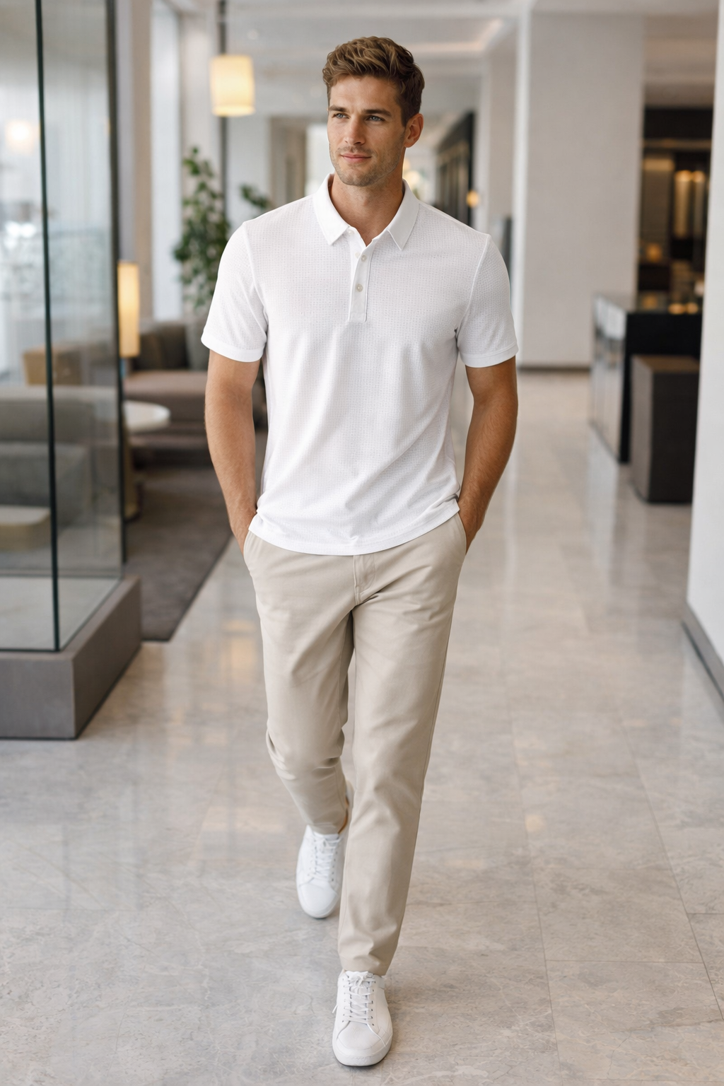 Playera Polo para Hombre Casual Jacquard Super Stretch Antiarrugas A61418 Hueso