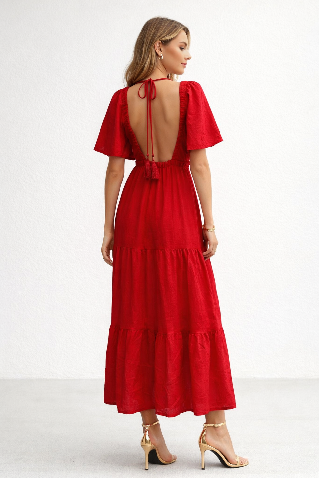 Vestidos Para Mujer Smok Largo En Cortes Escotado S61130 Rojo