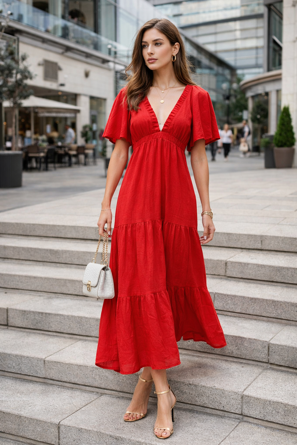 Vestidos Para Mujer Smok Largo En Cortes Escotado S61130 Rojo