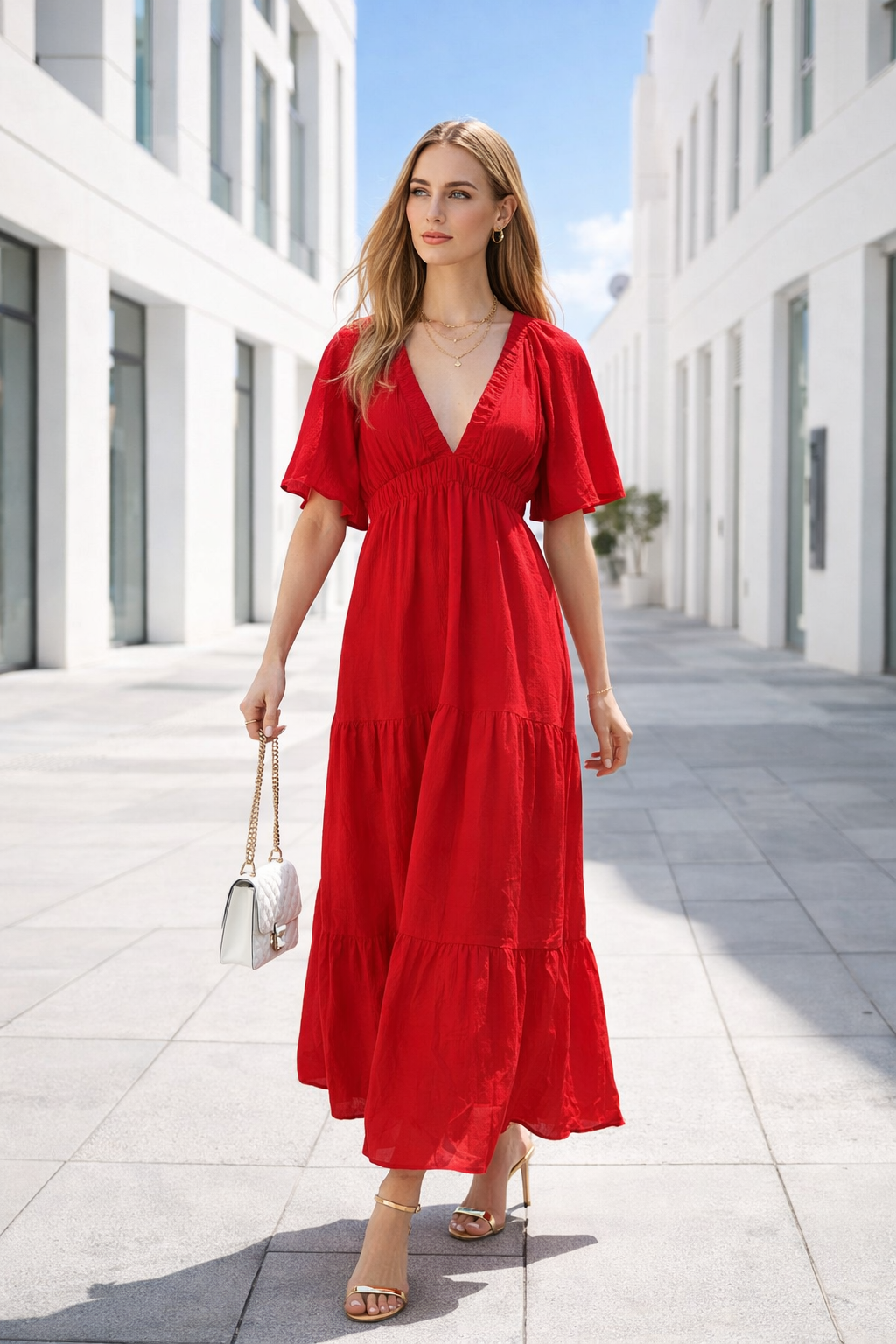 Vestidos Para Mujer Smok Largo En Cortes Escotado S61130 Rojo