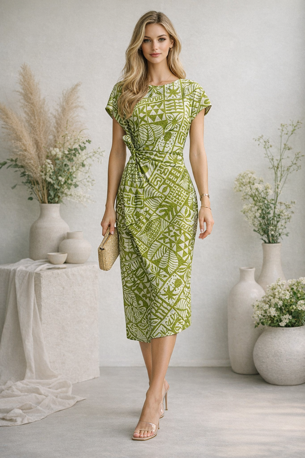 Vestido Para Mujer Lino Midi Con Nudo S61101 Verde