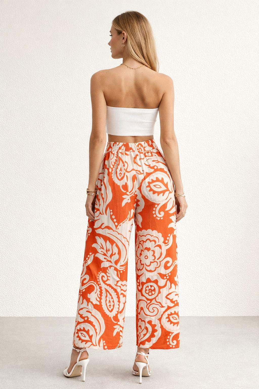 Pantalones Para Mujer Lino Comodo Recto Estampado W61131 Naranja