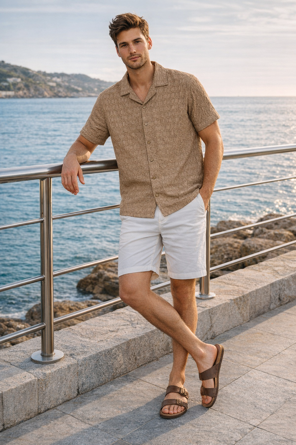 Camisa para Hombre Manga Corta Resort Jacquard Super Stretch Antiarrugas B61457 Kaki