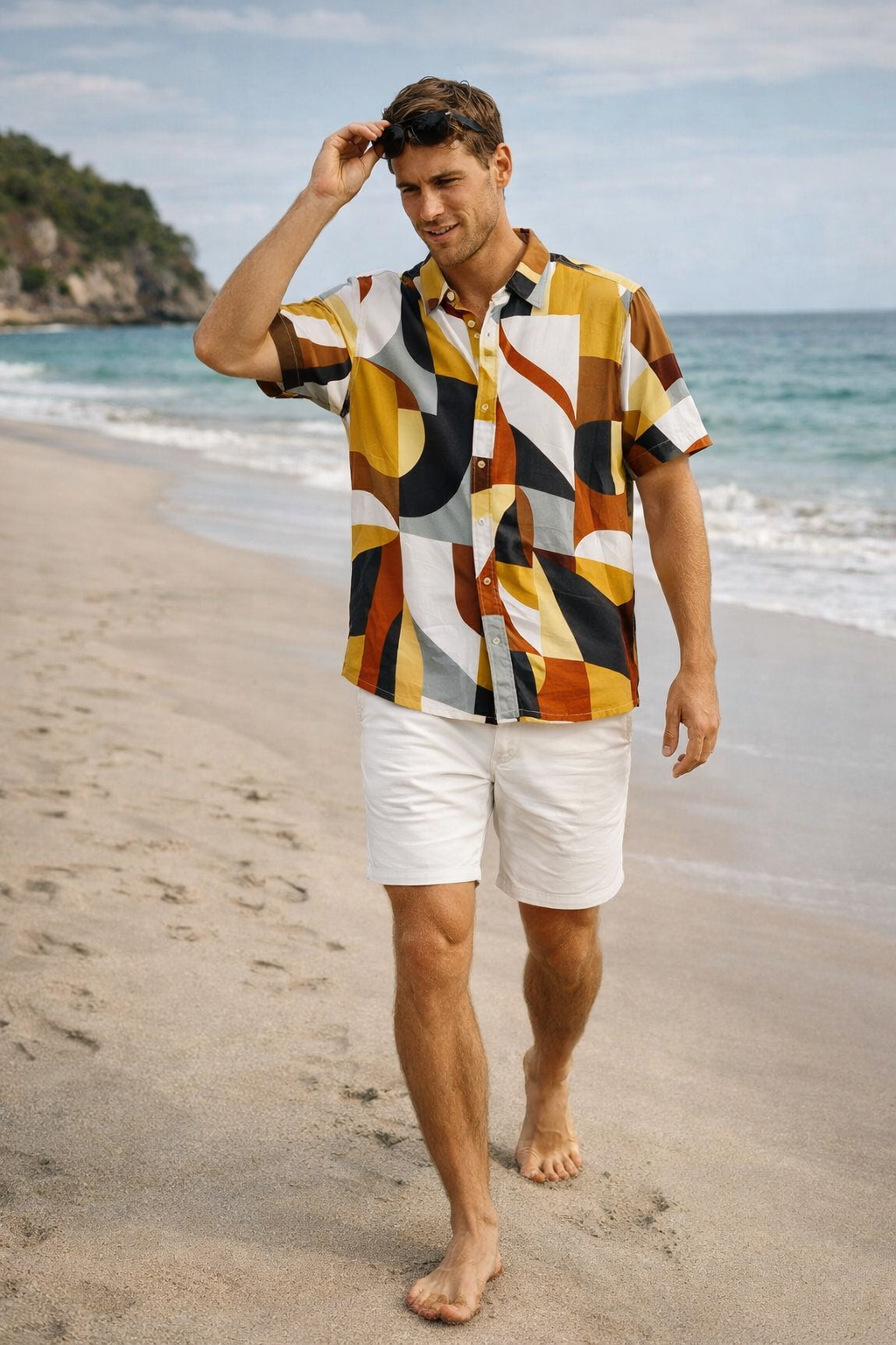 Camisas Para Hombre Manga Corta Estampado Tropical B51567 Naranja