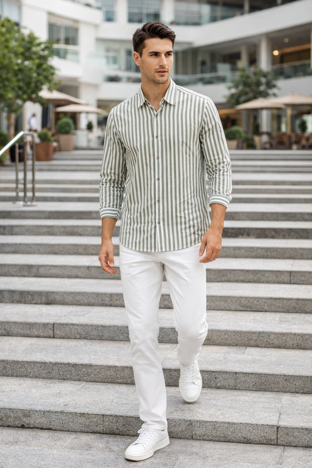 Camisa para Hombre Manga Larga de Rayas Antiarrugas Ligera B61408 Olivo