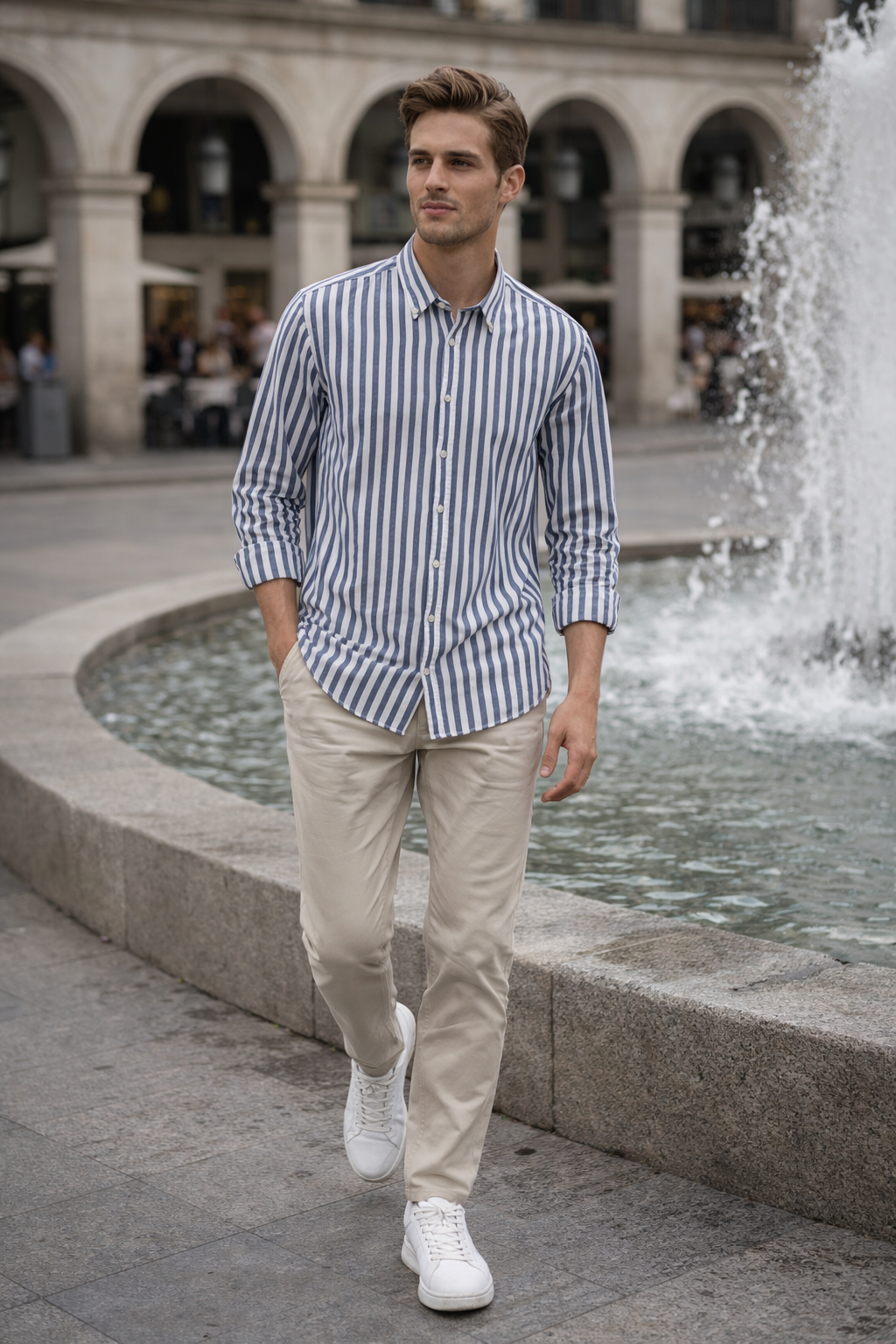 Camisa para Hombre Manga Larga de Rayas Antiarrugas Ligera B61408 Marino