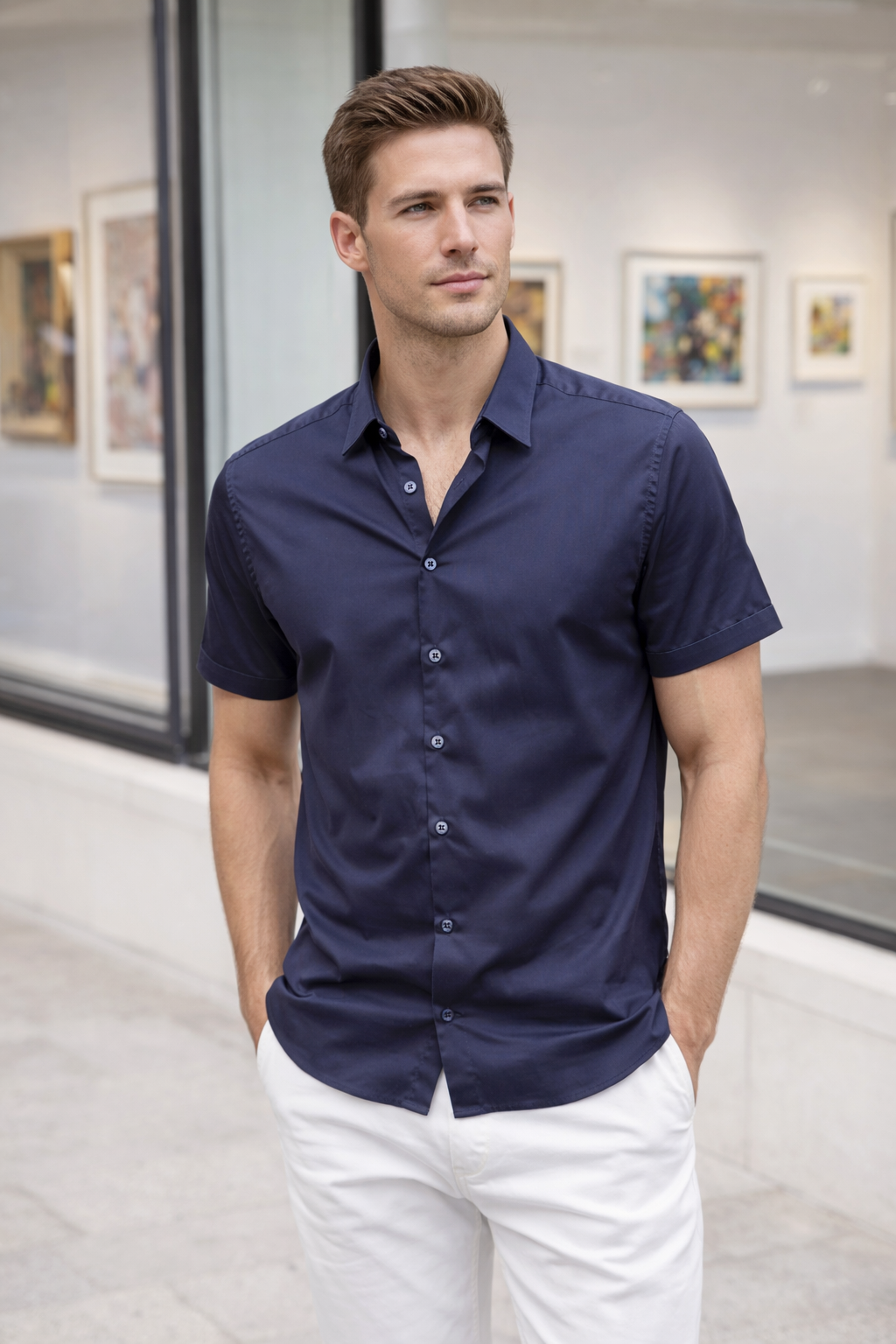 Camisas Para Hombre Manga Corta Spandex Bambú B61352 Marino