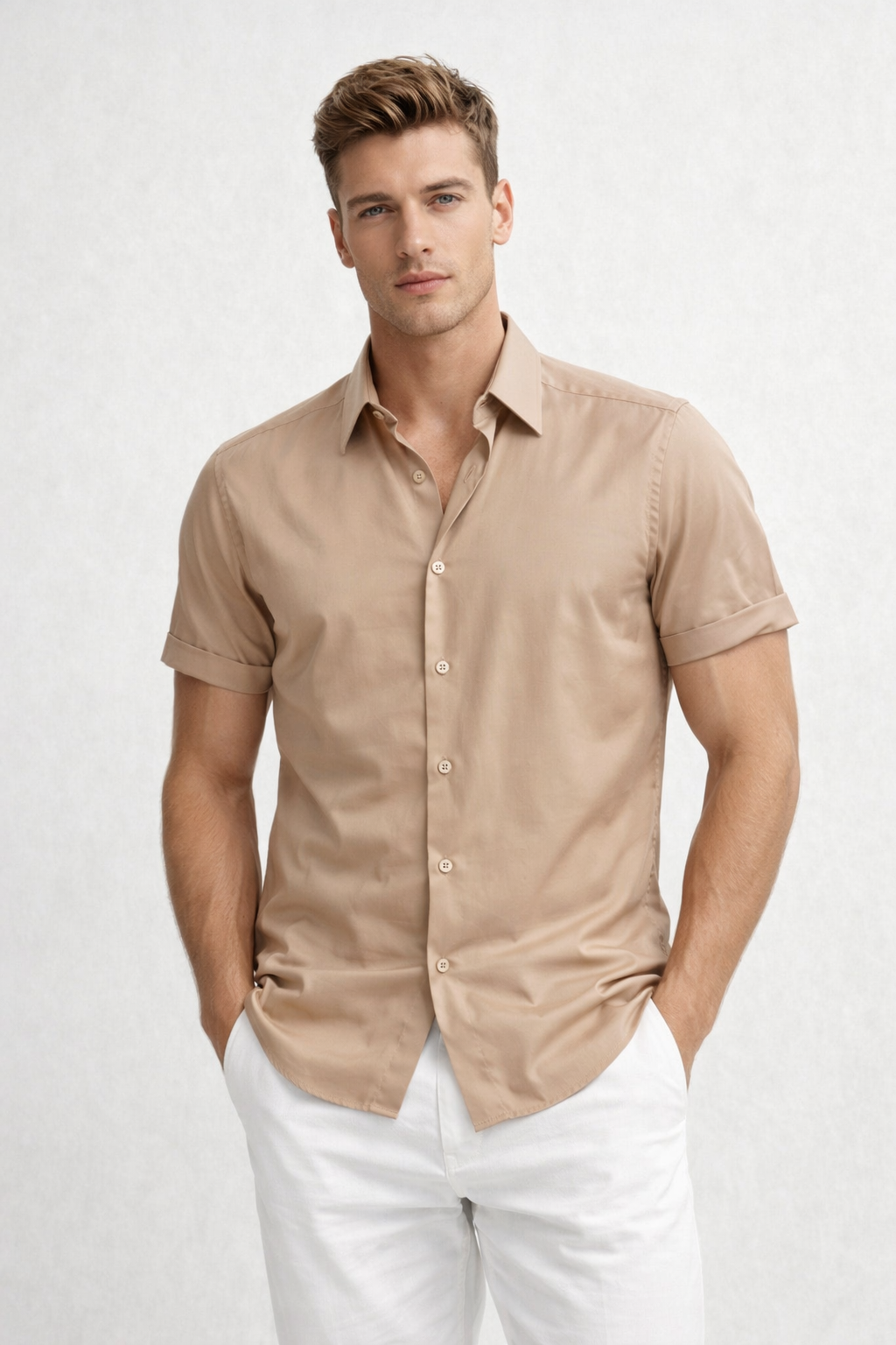 Camisas Para Hombre Manga Corta Spandex Bambú B61352 Kaki – BOBOIS