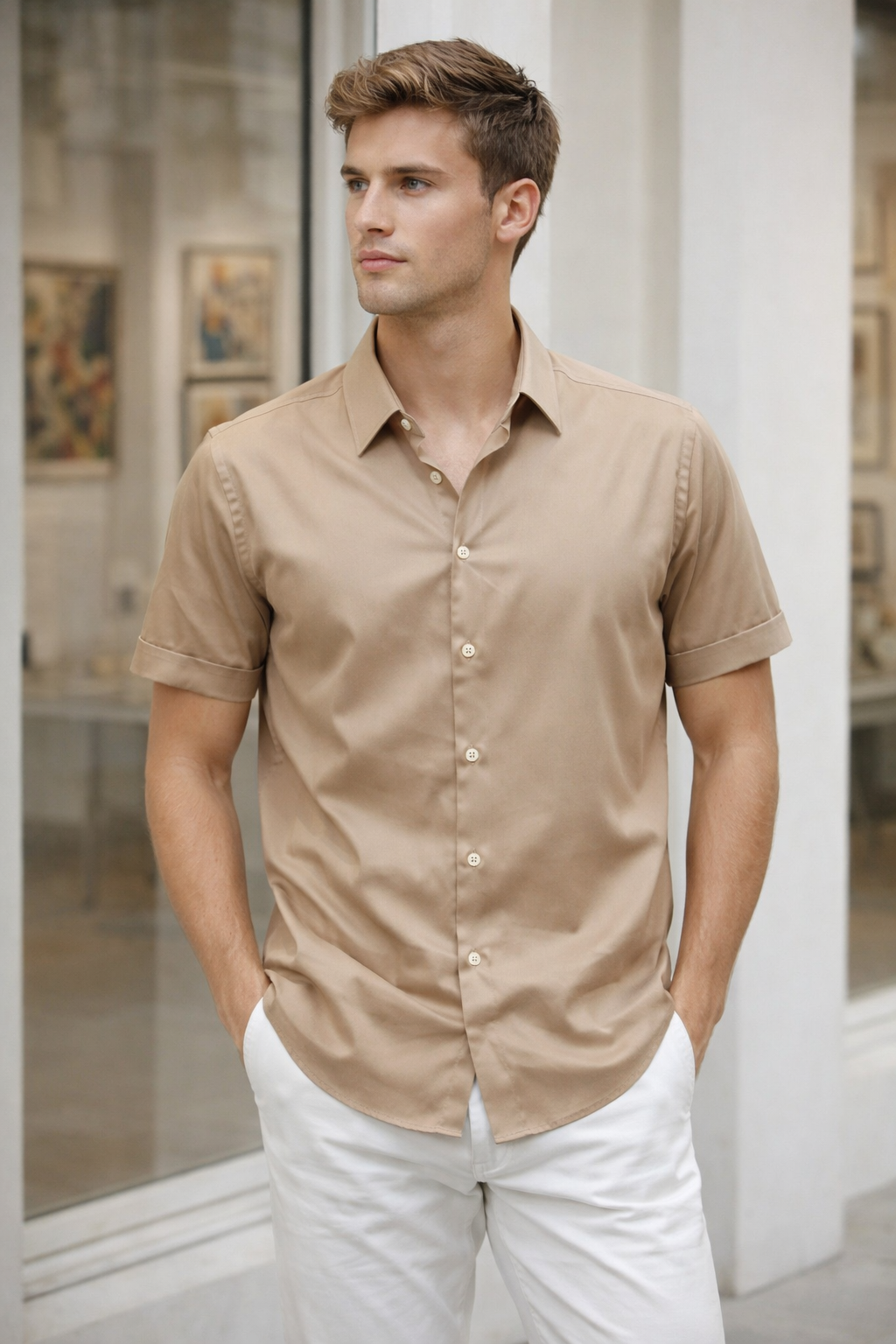 Camisas Para Hombre Manga Corta Spandex Bambú B61352 Kaki